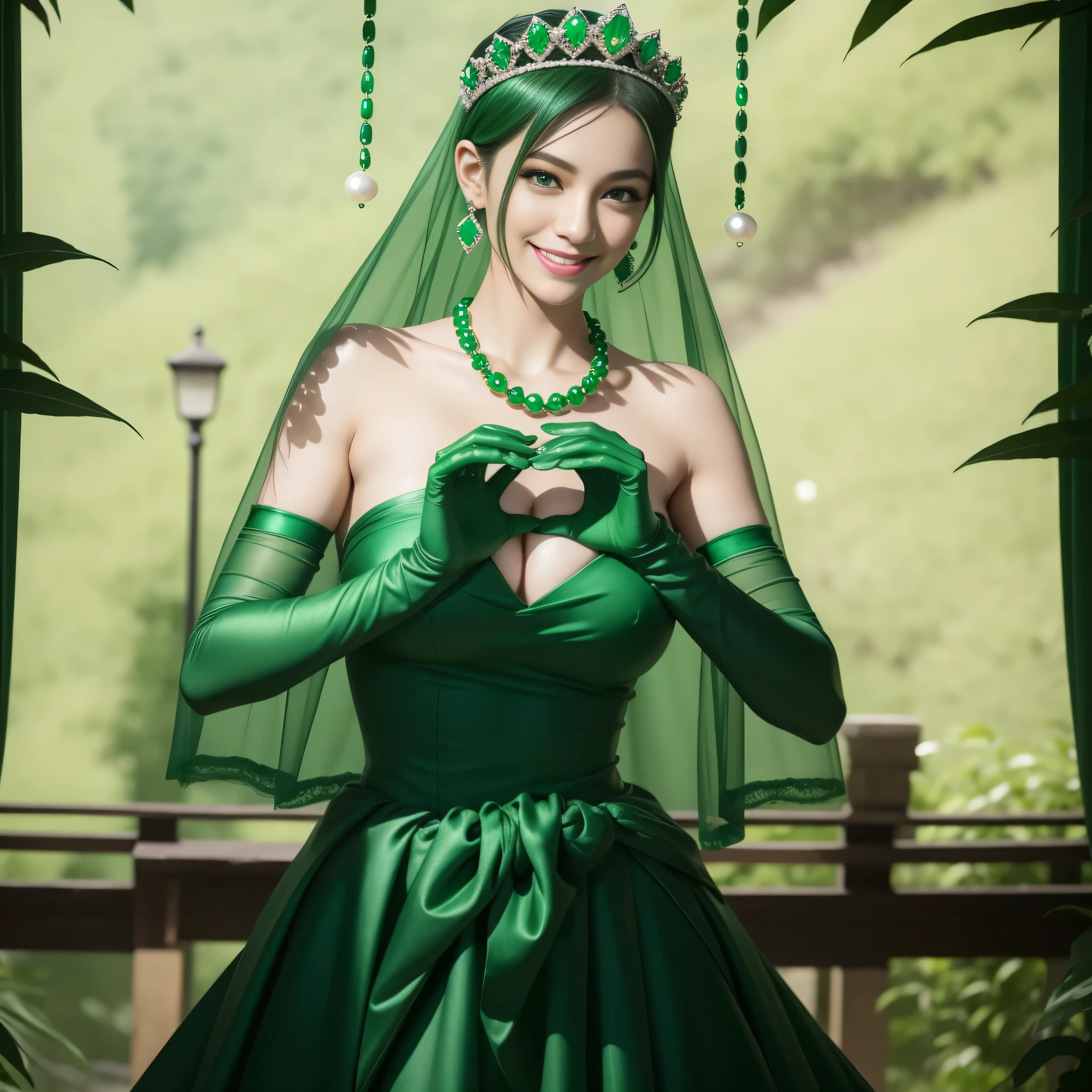 emerald tiara, Green Pearl Necklace, Boyish very short green hair, lipsticks, Japan woman smiling, very short short hair, big breasts beautiful, Green eyes, Long green gloves made of satin material, Green eyes, Emerald Earrings, green vale, Heart with both hands