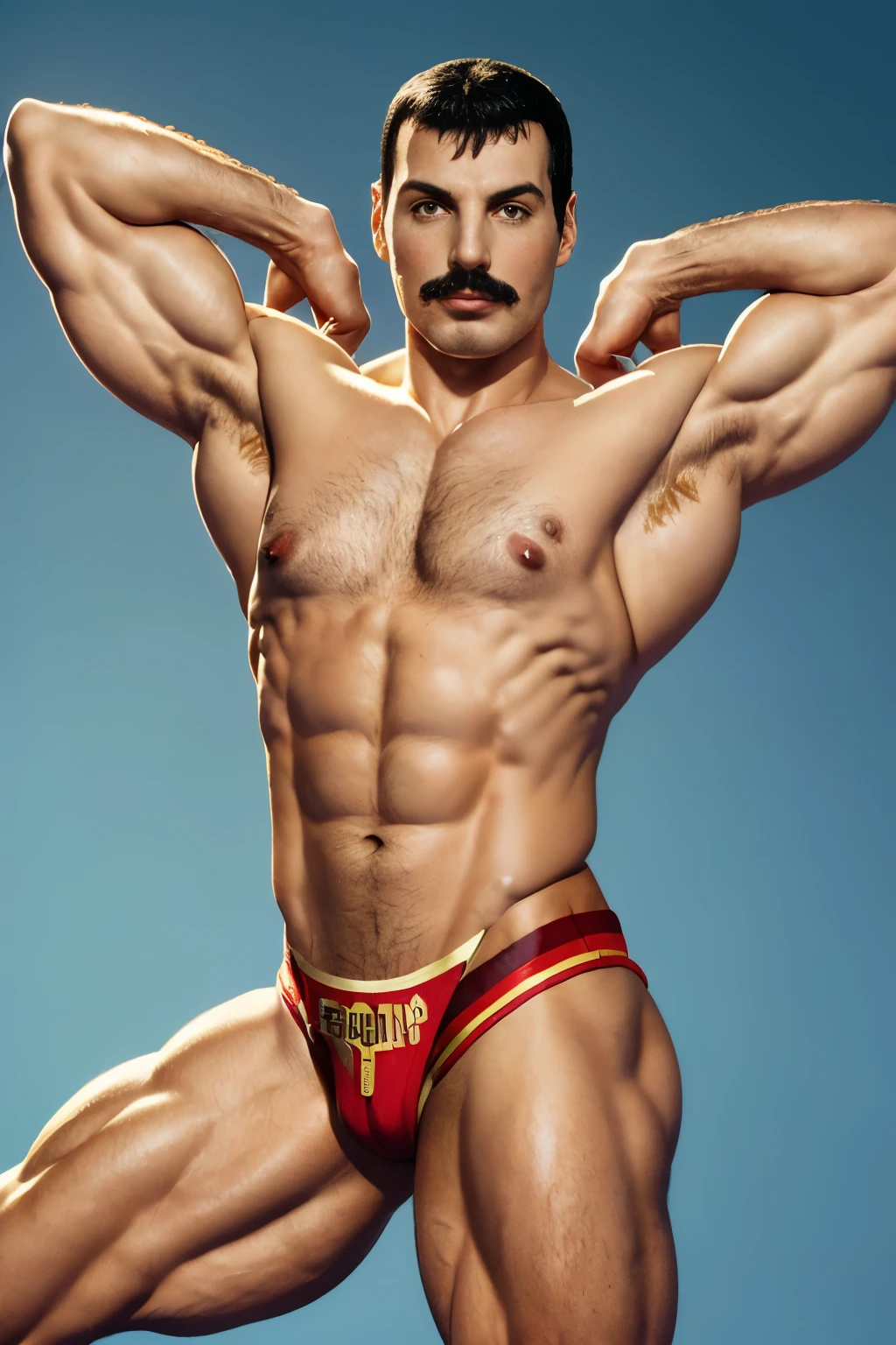(((Freddie Mercury))), Queen, (((((bodybuilder))))), a cute boy, 20 years old handsome boy, smile, short hair, (bikini brief), (((very muscular body, vascularity, veins))), upper-body portrait, upper-body Image, real man, (barefeet, barefoot), abnormally developed muscles, very simple background, ((color Image)) masterpiece, best quality, high resolution