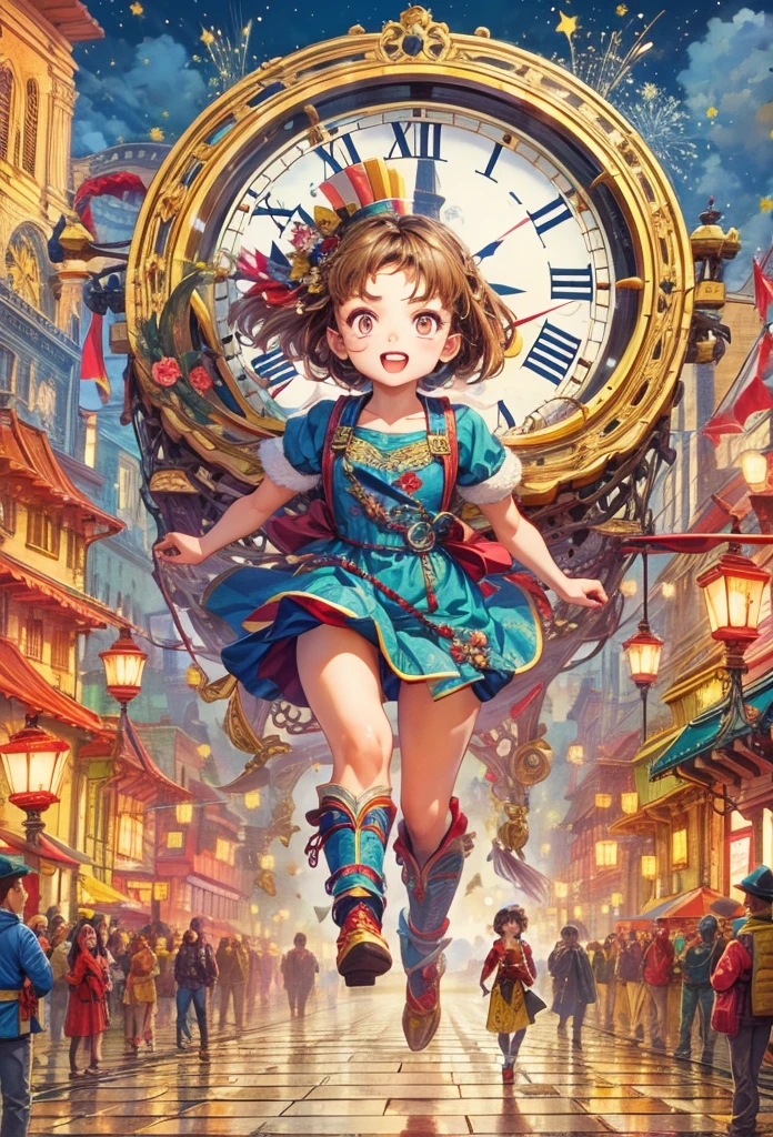 New Year 2024,New Year,Clock hands midnight,flat illustration,flat illustration,(A girl stands on top of a super big clock and runs forward,Look at the audience:1.5),(anatomically correct, Exquisite face makeup , pretty face, Perfect face proportions,golden ratio body),(Advanced facial details:1.1), full of imagination,warm scene,festive,fireworks,lanterns,celebrate New Year,Vector illustration