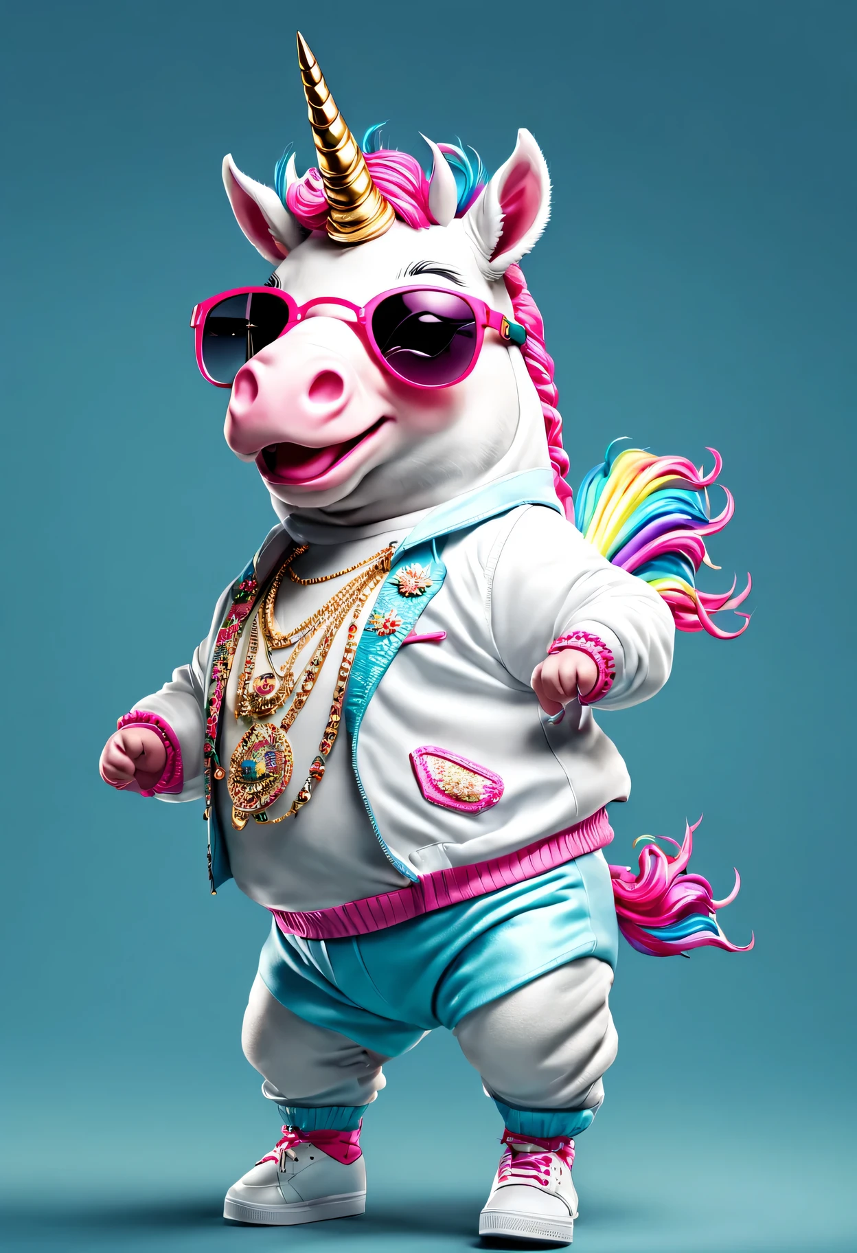photorealistic portrait of Dressed animals - a fat baby unicorn hip hop dancer,(hip hop dancing dynamic action pose), high quality,(lovely) ,intricate details, highly detailed ((hip hop fashion)) ,highly detailed decorations, wearing sunglasses, (happy), studio lighting,(full body image:1.5)