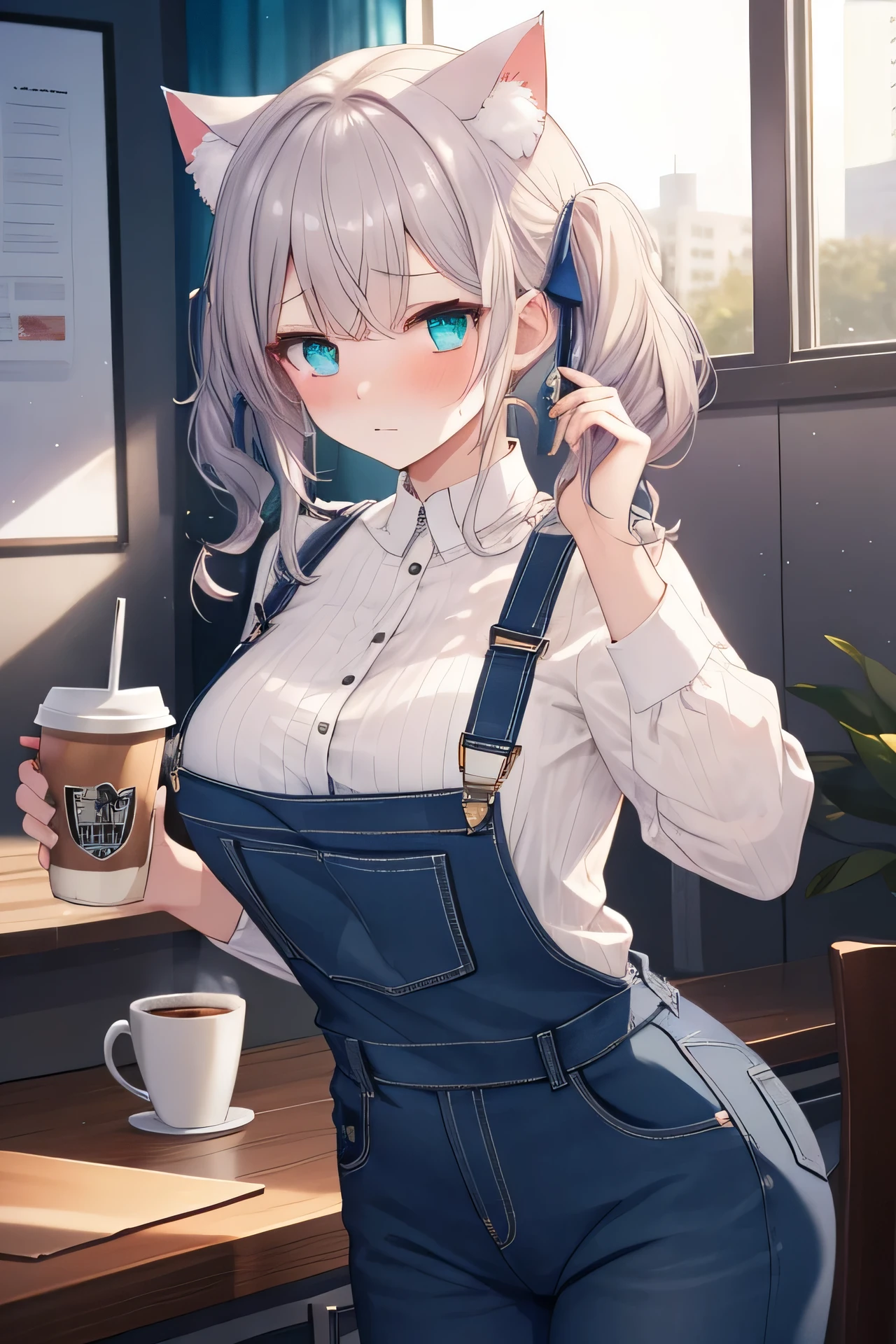 ((masterpiece)), ((highest quality)), ((8K)), High resolution, 1 girl, Cat ear, white skin, big breasts, aqua eyes, Twin tail, overall, room, cup of coffee, grumpy, embarrassing,
