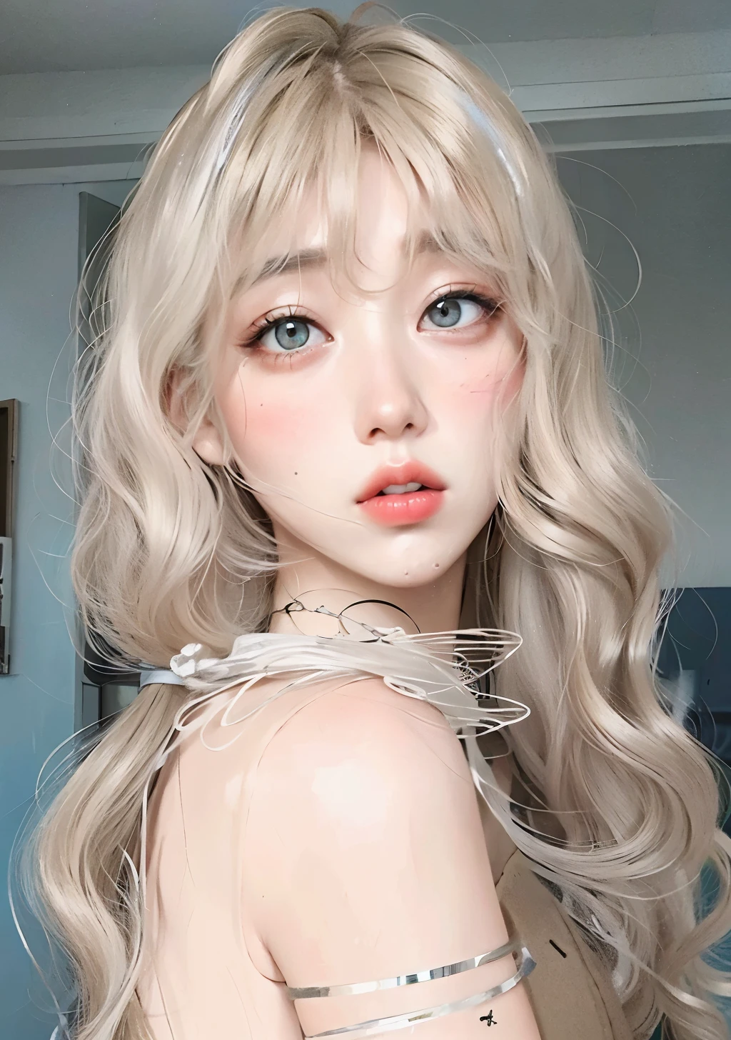 blonde doll with blue eyes and long hair with a silver bracelet, ulzzang, pelo largo y rubio y ojos grandes, Lalisa Manobal, long cabello rubio y ojos grandes, cabello rubio y ojos grandes, peinado de corte hime blanco, maquillaje popular de corea del sur, maquillaje coreano popular, pelo largo y blanco y flequillo, con el pelo largo y blanco, grayish ash blond hair