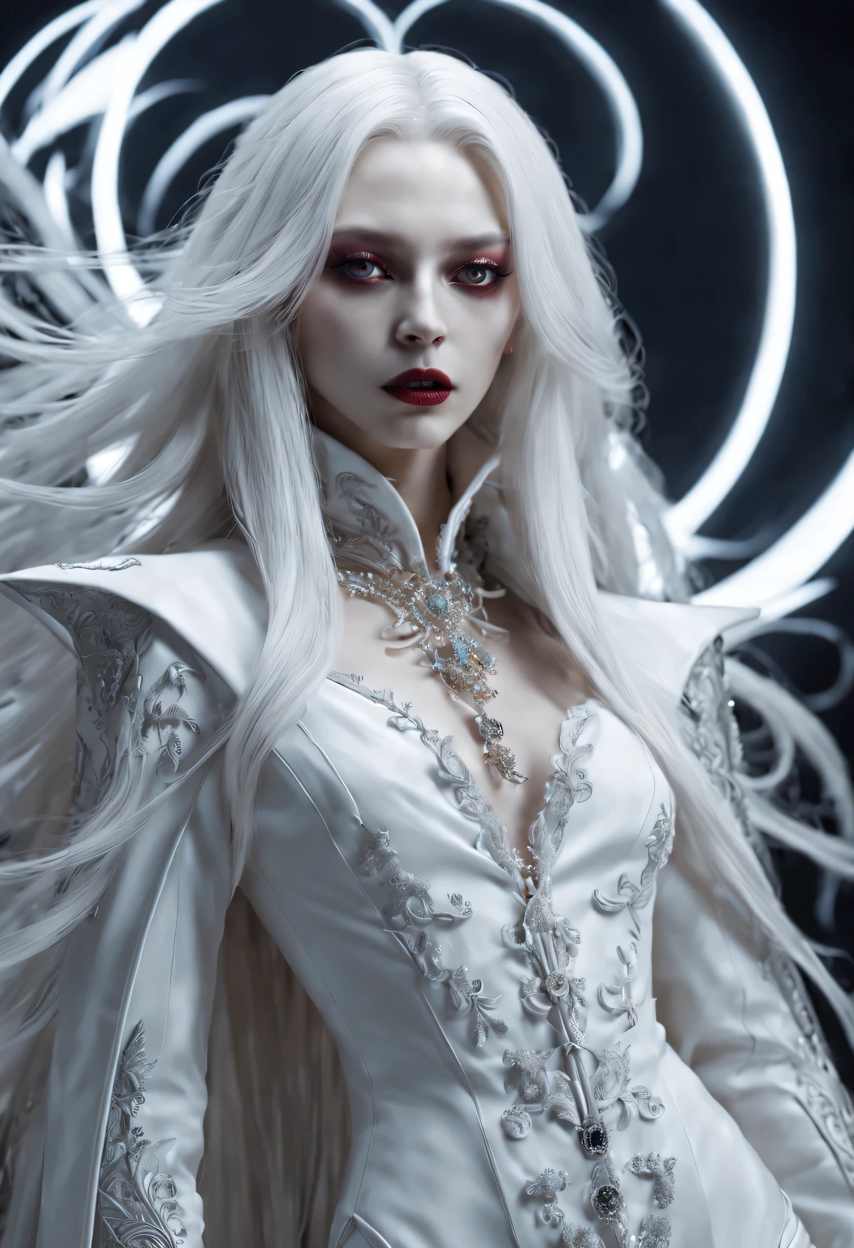 Crazy detailed photos of gorgeous vampire aliens, a true, long white hair, complicated eye roll, like a dream, ethereal, Super detailed的, 32K resolution, dynamic lighting, Cover the navel, Super detailed, intricate details, Popular topics on ArtStation, white luxury suit, Volumetric lighting, BalenciagaStyle