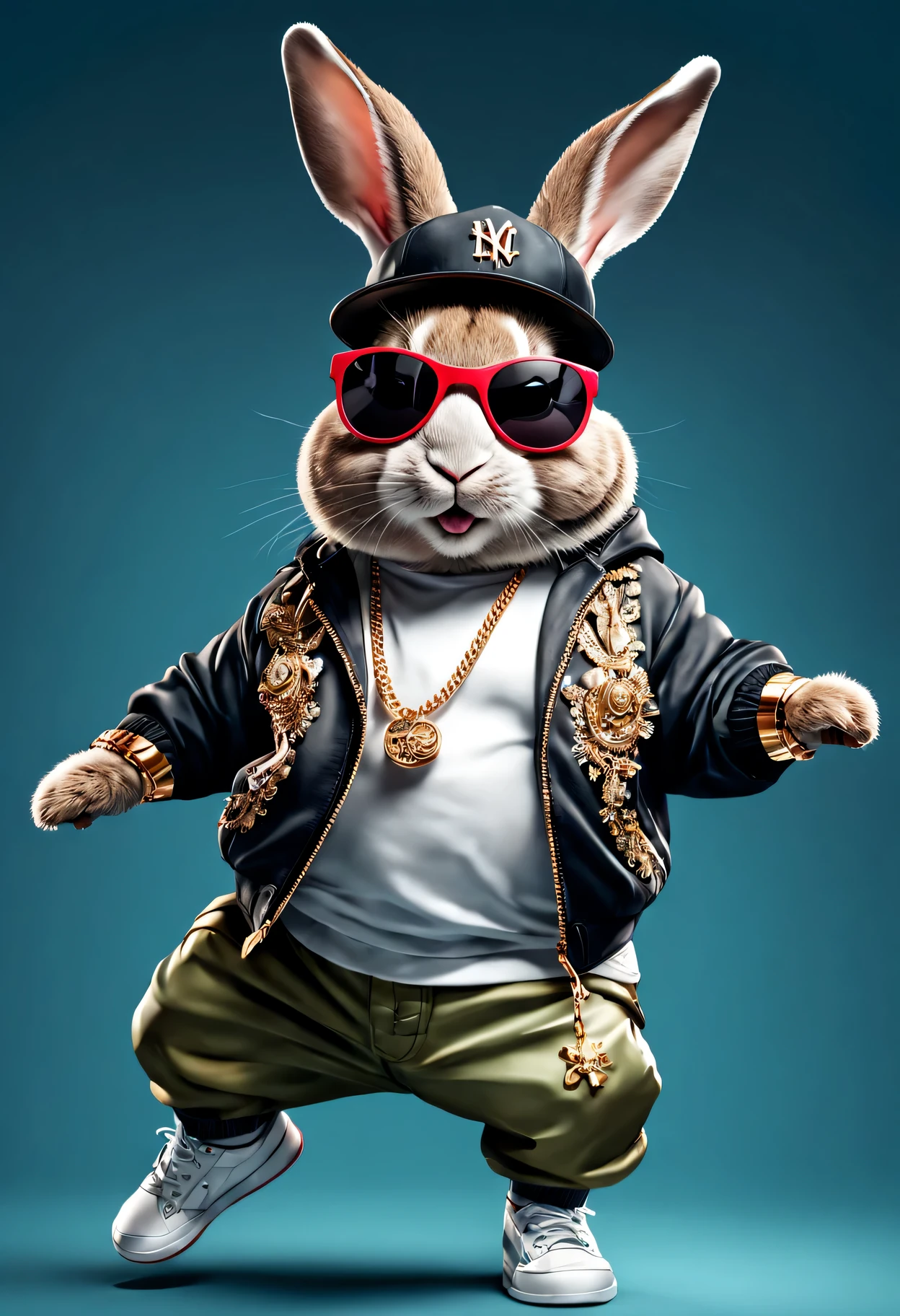photorealistic portrait of Dressed animals - a fat baby rabbit hip hop dancer,(hip hop dancing dynamic action pose), high quality,(lovely) ,intricate details, highly detailed ((hip hop fashion)) ,highly detailed decorations, wearing sunglasses, (happy), studio lighting,(full body image:1.5)