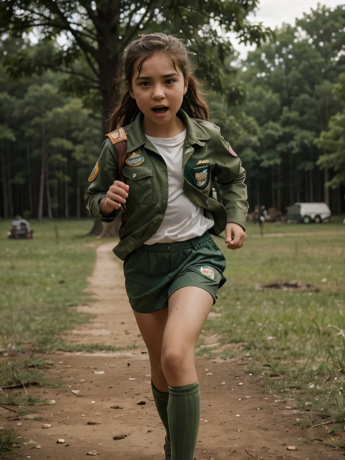 (high quality),(detailed, photorealistic) age 10, girl, dirty skin, fear, cry, girl scout uniform, camp, full body, running