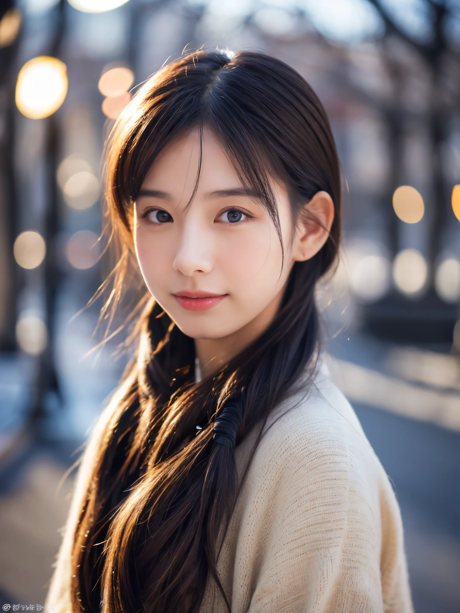 photorealistic, 8k full-length portraits, Beautiful woman, A charming expression, Clear system, ponytail, 20-year-old, Tokyo, winter, Shibuya in the background