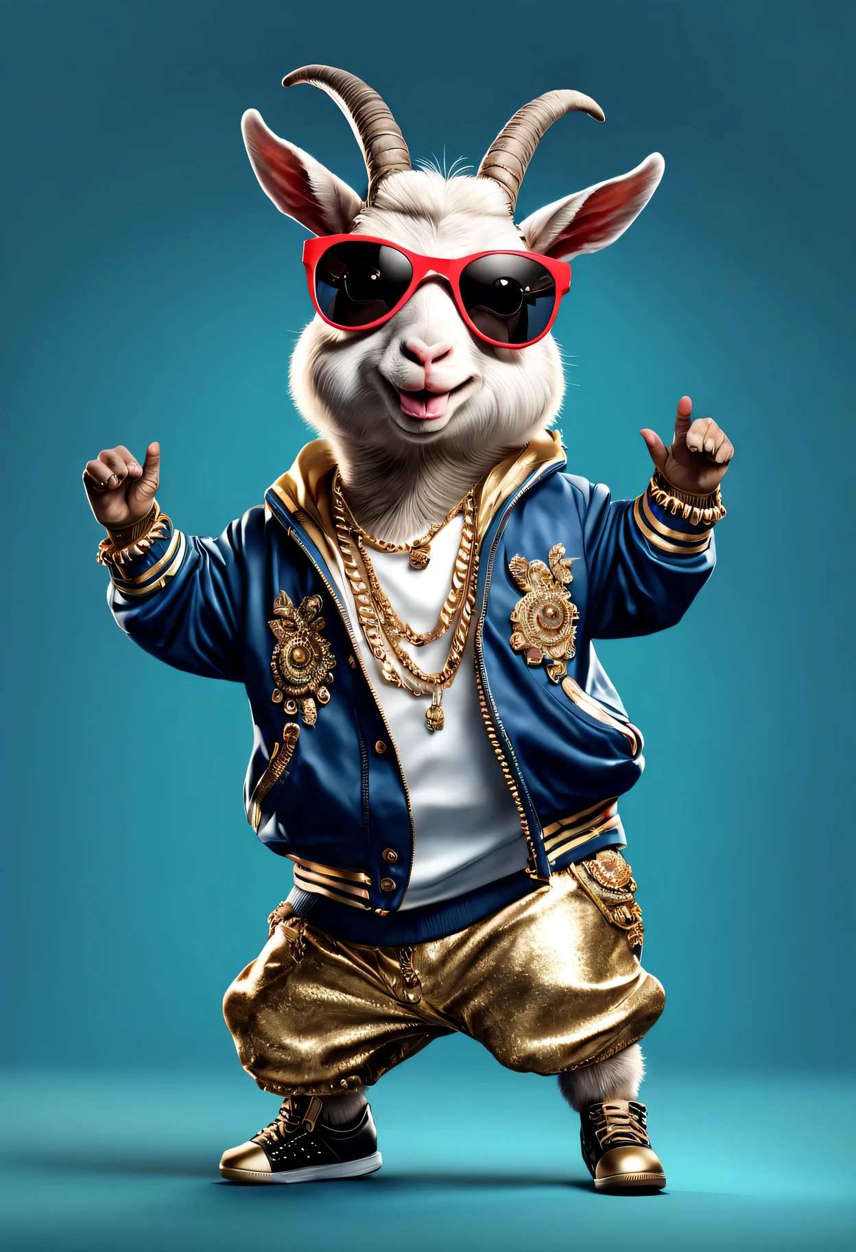 photorealistic portrait of Dressed animals - a fat goat hip hop dancer,(hip hop dancing dynamic action pose), high quality,(lovely) ,intricate details, highly detailed ((hip hop fashion)) ,highly detailed decorations, wearing sunglasses, (happy), studio lighting,(full body image:1.5)