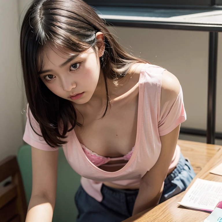 1girl, downblouse, yo, munechira, small breasts,  small chest,  looking away,  leaning forward,  expressionless,  casual t shirt plus pink bra within, desk, school,