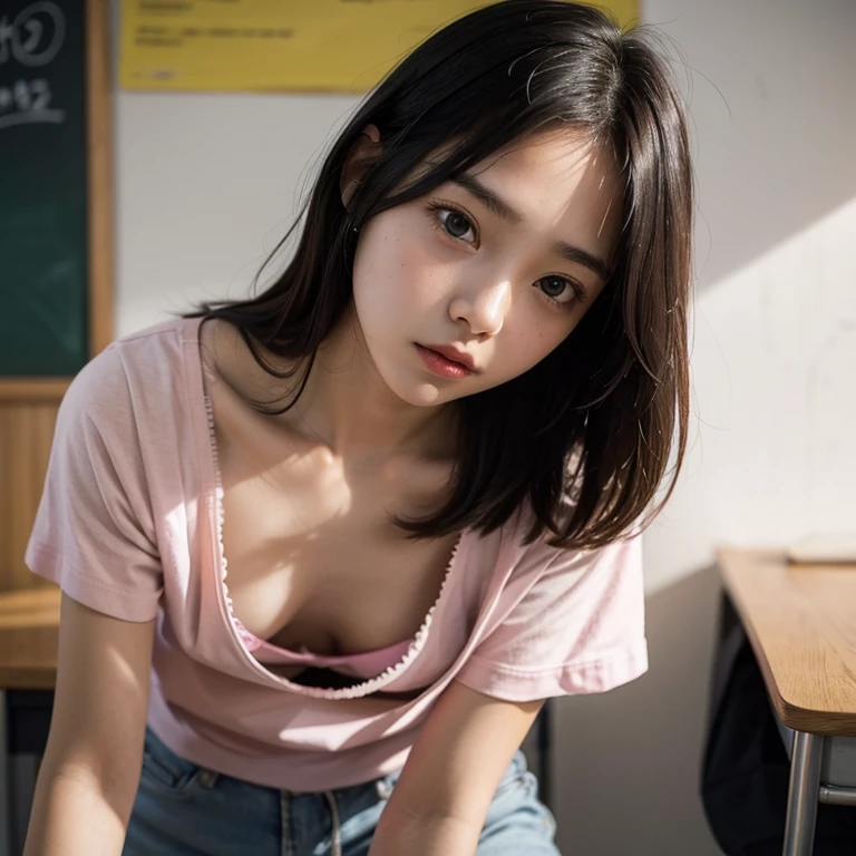 1girl, downblouse, 15yo, munechira, small breasts,  small chest,  looking away,  leaning forward,  expressionless,  casual t shirt plus pink bra within, desk, school,