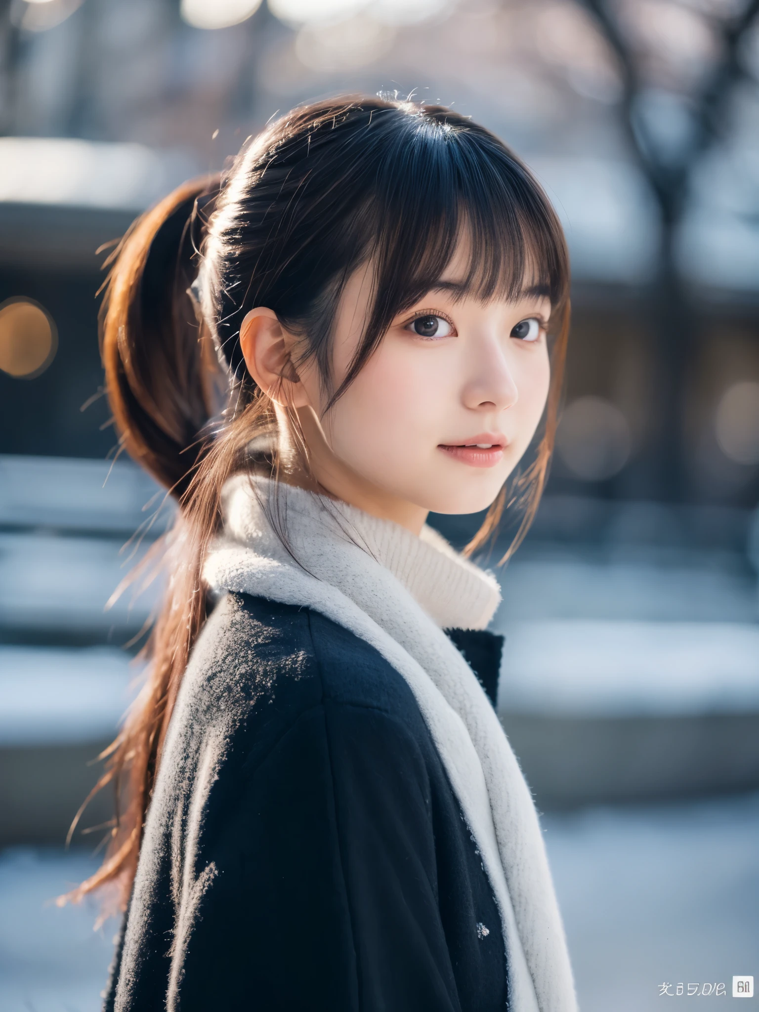 photorealistic, 8k full-length portraits, Beautiful woman, A charming expression, Clear system, ponytail, 20-year-old, Tokyo, winter, Shibuya in the background
