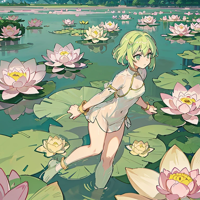 Girls, plant crumbs, cold features, white skin, light green hair and flowers, dark green eyes, bathing, standing on a watery and rocky floor, medium-sized chest, thick hips, thin waist