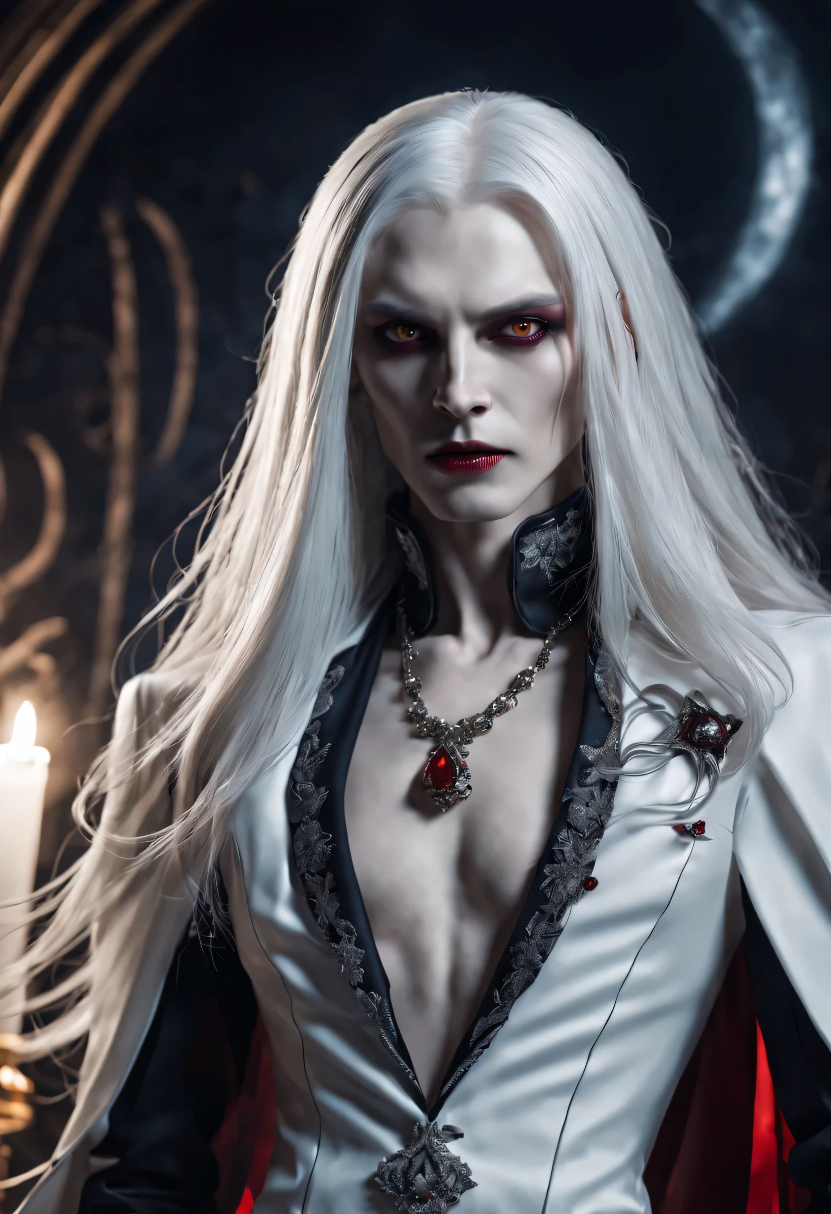 Crazy detailed photos of gorgeous vampire aliens, a true, long white hair, complicated eye roll, like a dream, ethereal, Super detailed的, 32K resolution, dynamic lighting, Cover the navel, Super detailed, intricate details, Popular topics on ArtStation, white luxury suit, Volumetric lighting, BalenciagaStyle