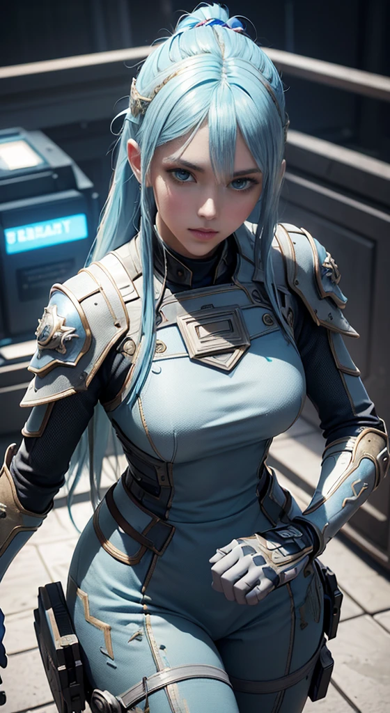 ((Best quality)), ((masterpiece)), (detailed:1.3), 3D, an image of a beautiful cyberpunk female, straight long hair, Ice Blue hair, beautiful blue eyes, HDR (High Dynamic Range),Ray Tracing,NVIDIA RTX,Super-Resolution,Unreal 5,Subsurface scattering,PBR Texturing,Post-processing,Anisotropic Filtering,Depth-of-field,Maximum clarity and sharpness,Multi-layered textures,Albedo and Specular maps,Surface shading,Accurate simulation of light-material interaction,Perfect proportions,Octane Render,Two-tone lighting,Wide aperture,Low ISO,White balance,Rule of thirds,8K RAW,