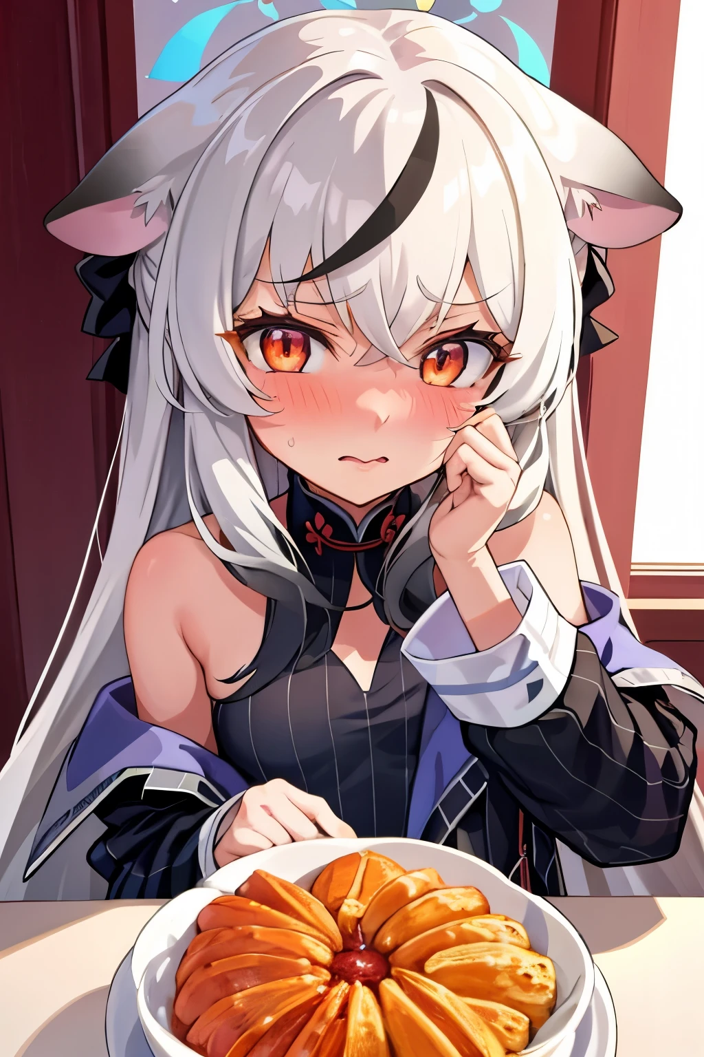 1girl, kokona, indoors, orange eyes, white hair, :3 mouth, embarrassed, beautiful eyes, beautiful lips, shiny lips, extremely detailed eyes and face, long eyelashes, close-up, warm lighting, vibrant colors, looking at the viewer, embarrassed look, blush, New Year's celebration