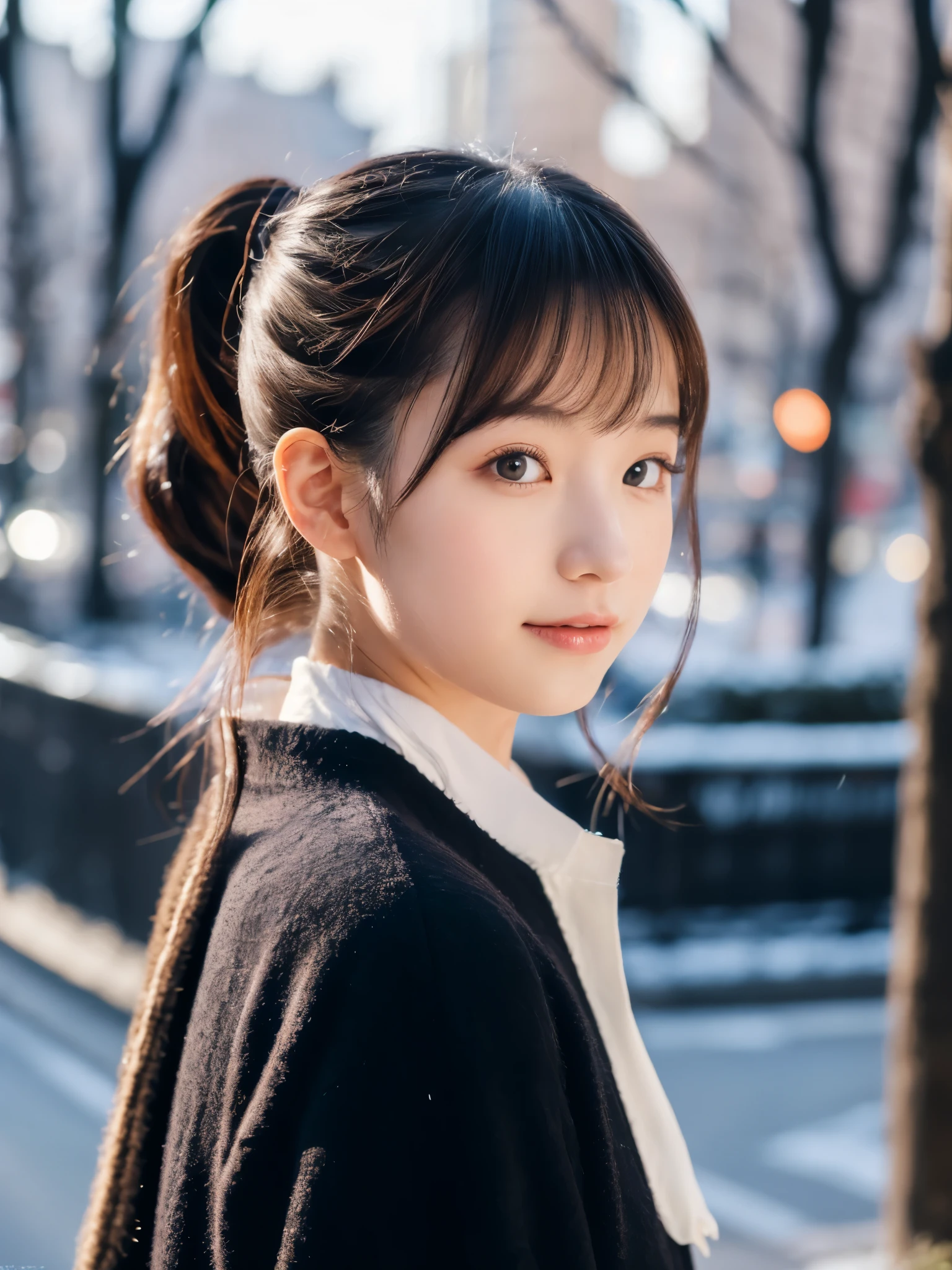 photorealistic, 8k full-length portraits, Beautiful woman, A charming expression, Clear system, ponytail, 20-year-old, Tokyo, winter, Shibuya in the background