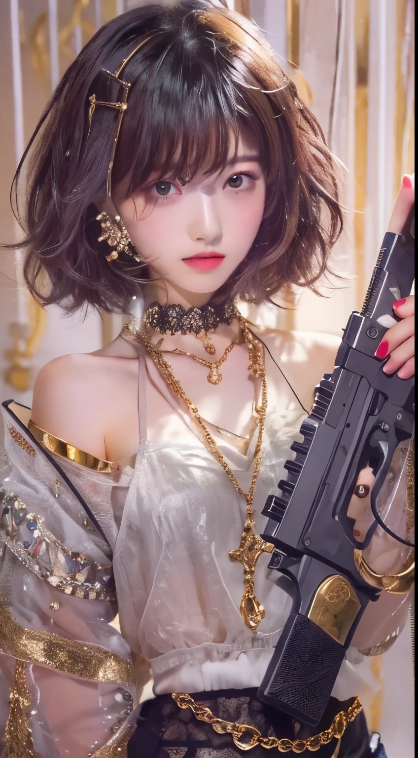 1 girl, masterpiece, Ultra-detailed, 70mm lens, bob hair, short hair, black背心短款, Golden necklace, gold cross necklace pendant, Bracelet, black, holding a gun, red lips, touch, small tits, Wire ,