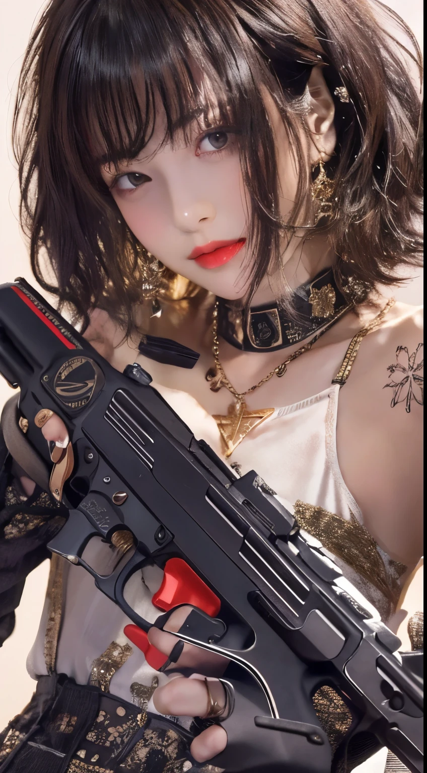 1 girl, masterpiece, Ultra-detailed, 70mm lens, bob hair, short hair, black背心短款, Golden necklace, gold cross necklace pendant, Bracelet, black, holding a gun, red lips, touch, small tits, Wire ,
