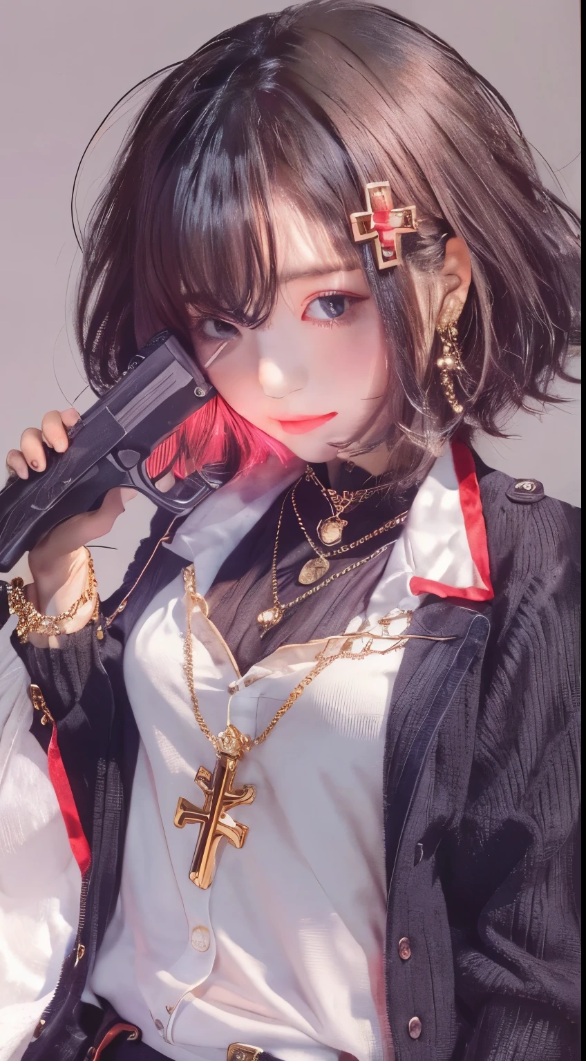 1 girl, masterpiece, Ultra-detailed, 70mm lens, bob hair, short hair, black背心短款, Golden necklace, gold cross necklace pendant, Bracelet, black, holding a gun, red lips, touch, small tits, Wire ,