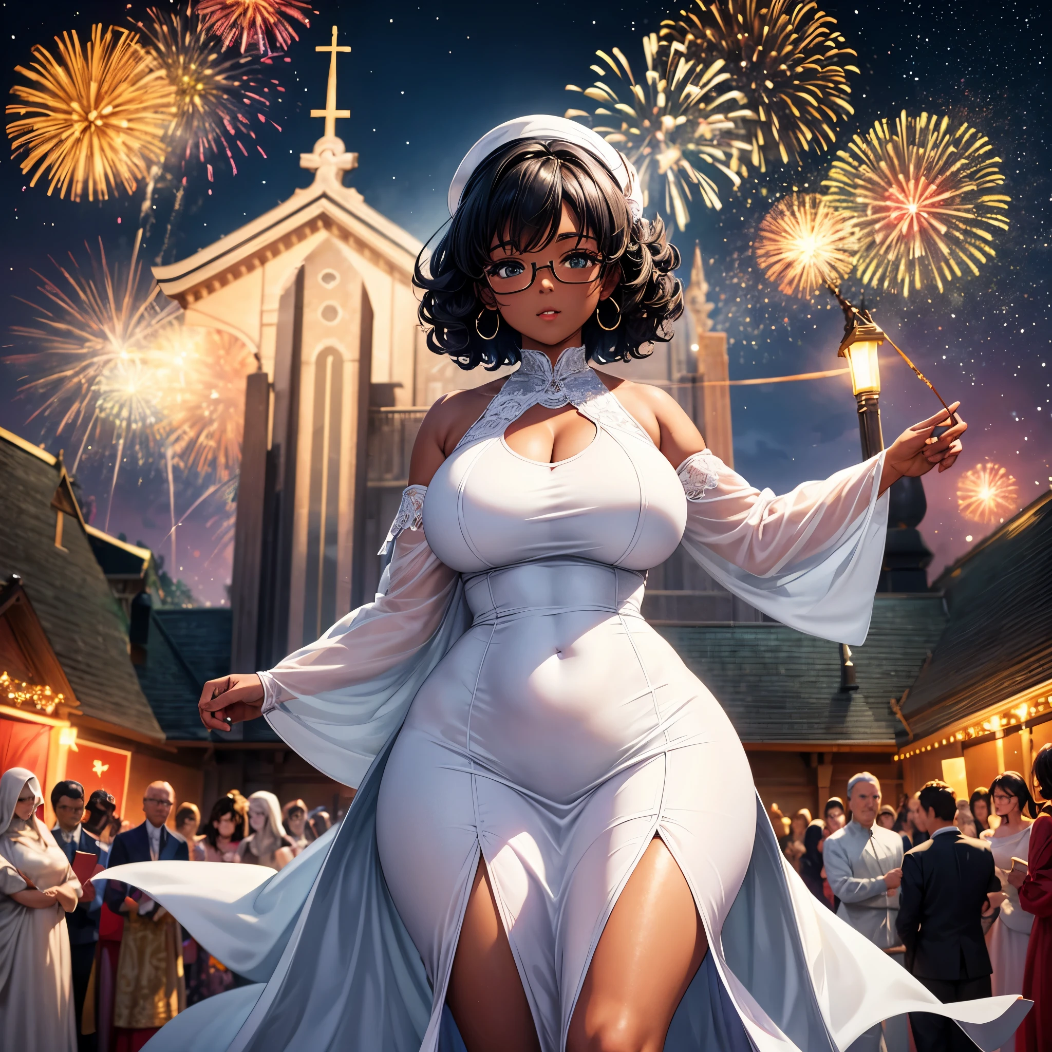 8k, ultra high definition, unreal engine, ultra detailed, ultra high resolution, ultra focus, beautiful voluptuous girl, black girl, round face, curvy body, short curly hair, dark skin, glasses, wearing a white long white african dress, in front of church, arm stretched towards the camera, 31st night, people in the background all wearing white, night sky, fireworks, detailed background, joyous occasion, new year celebration,