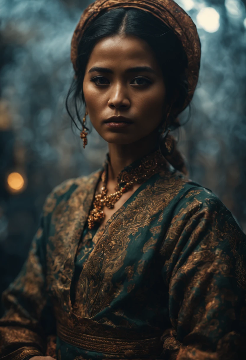 portrait of Malay woman in year 1975 (traditional attire), cinematic realism, high action full body pose, badass, busy, insanely detailed location, littered, chaos, cinematic portrait photography, Kodachrome, perfect pupils, insanely detailed faces, intricately detailed disco location, film grain, HD, 8k, volumetric lighting, chiaroscuro, sfumato, (skin textures), cinematic portrait photograph, dimly lit, cool colors, hair backlighting, ear backlighting, volumetric lighting, Kodachrome, 8K, film grain, perfect eyes, perfect pupils, expressive eyes, hands by Albrecht Durer, smoke, particle fx, mist, fog