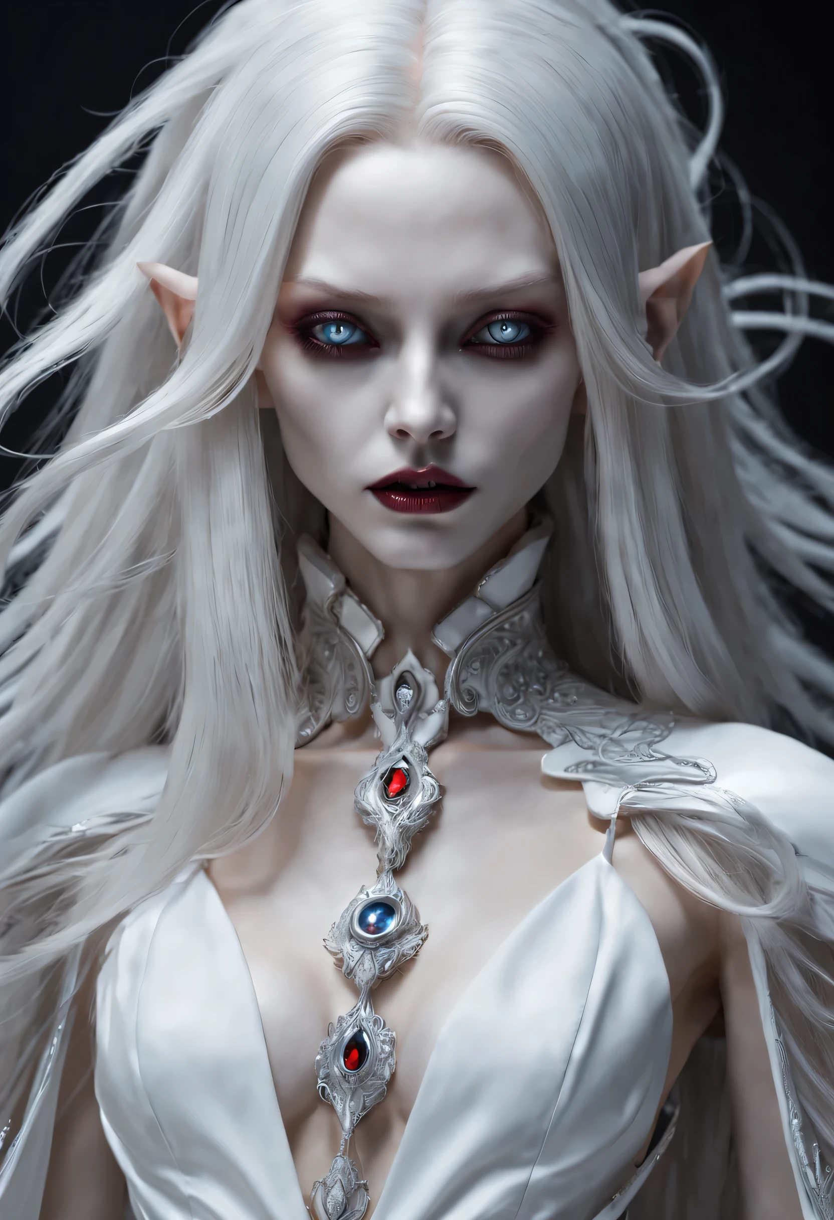 robot,Crazy detailed photos of gorgeous vampire aliens, a true, long white hair, complicated eye roll, like a dream, ethereal, Super detailed的, 32K resolution, dynamic lighting, Cover the navel, Super detailed, intricate details, Popular topics on ArtStation, white luxury suit, Volumetric lighting, BalenciagaStyle
