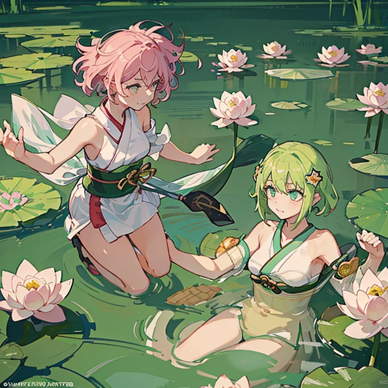 water lily girl、amazing dynamism、amazing angle、Overwhelming blistering sandstorm、(((Many friendly pastel lotuses float and chase)))、(((surround each other'Too long colorless and transparent tokoroten)))