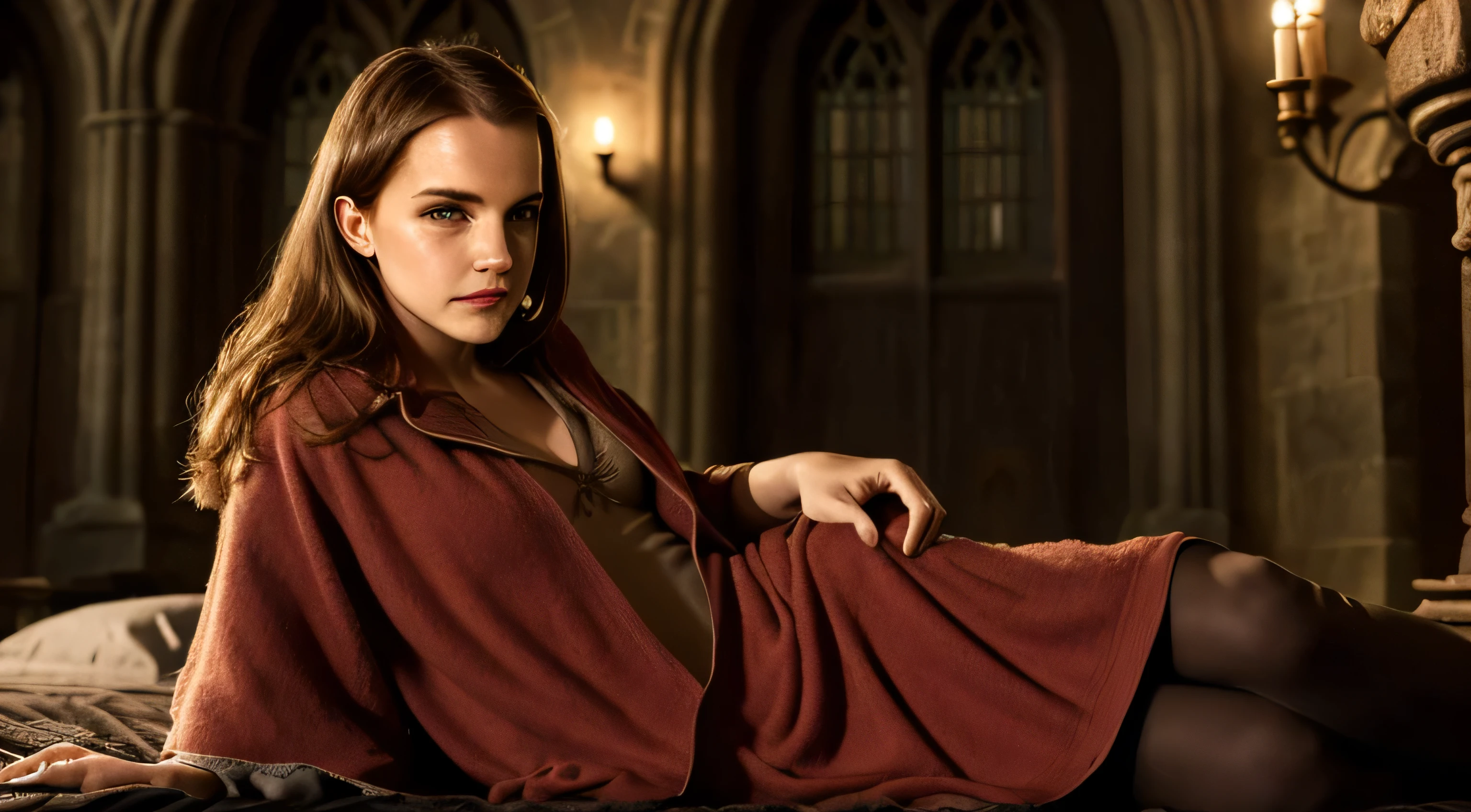 ((Emma Watson)) ((auf einem Bett in Hogwarts)) She only wears a Hogwarts robe, Hinter ihr, A Nordeaux red bath towel hangs over a heavy leather armchair, in einem Schlafsaal in Hogwarts, andere Studentinnen schauen sie an