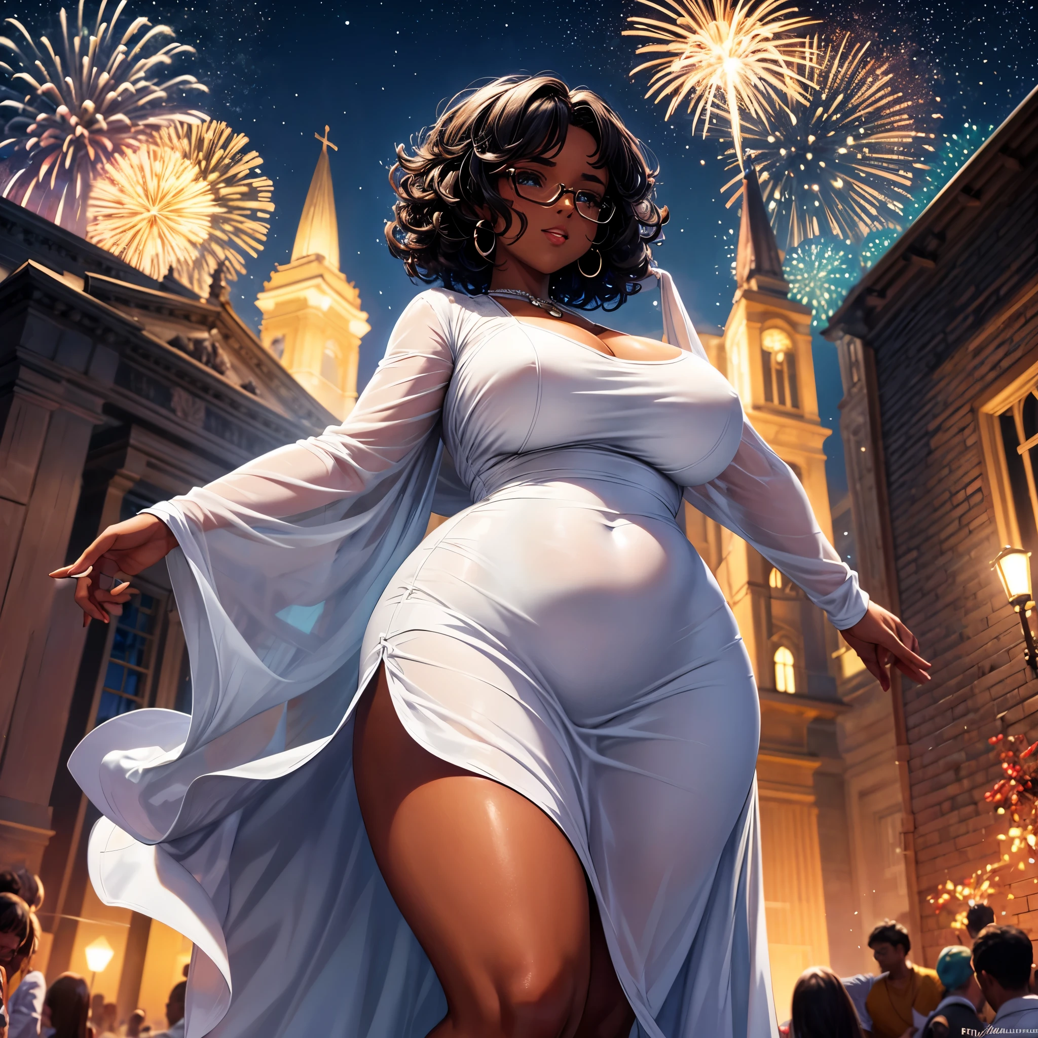 8k, ultra high definition, unreal engine, ultra detailed, ultra high resolution, ultra focus, beautiful voluptuous girl, black girl, round face, curvy body, short curly hair, dark skin, glasses, wearing a white long white african dress, in front of church, arm stretched towards the camera, 31st night, people in the background all wearing white, night sky, fireworks, detailed background, joyous occasion, new year celebration,