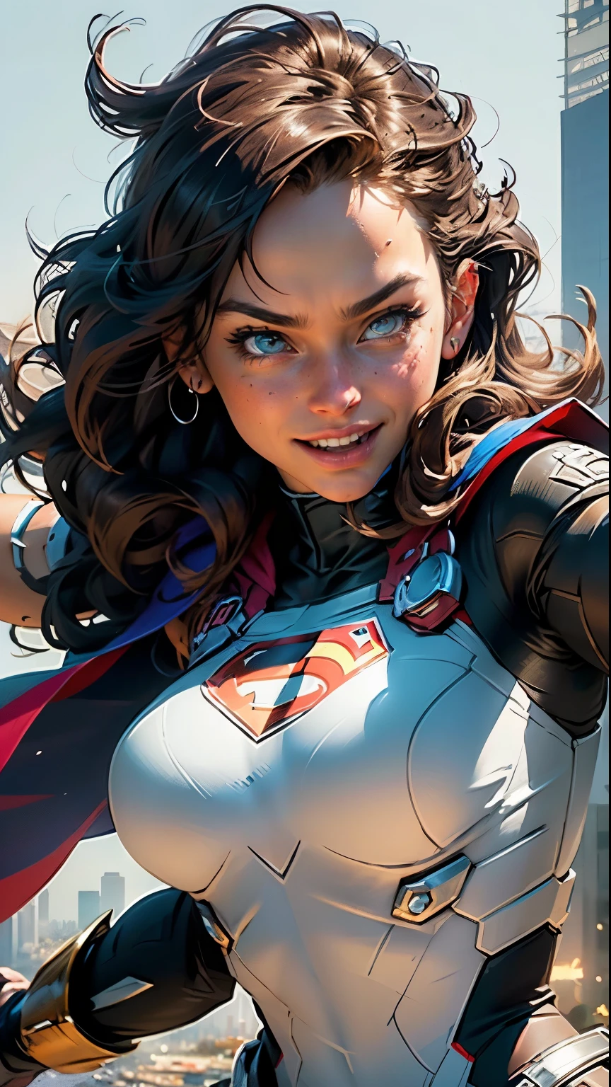 best quality,4k,8k,highres,masterpiece:1.2,ultra-detailed,(realistic,photorealistic,photo-realistic:1.37), illustration, cartoon, Super Girl character,1girl,white background, vibrant colors, crisp lines, playful, energetic, comic book style, dynamic pose, action-packed, stylish costume, sparkling eyes, endearing smile, flowing cape, superpowers, city skyline, protecting the city, emblem on chest, adventure, noble and brave, heroic expression, attention to facial features, bold color palette, attention-grabbing design, attention to details, lively atmosphere, exciting movement, expressive gestures, cool special effects