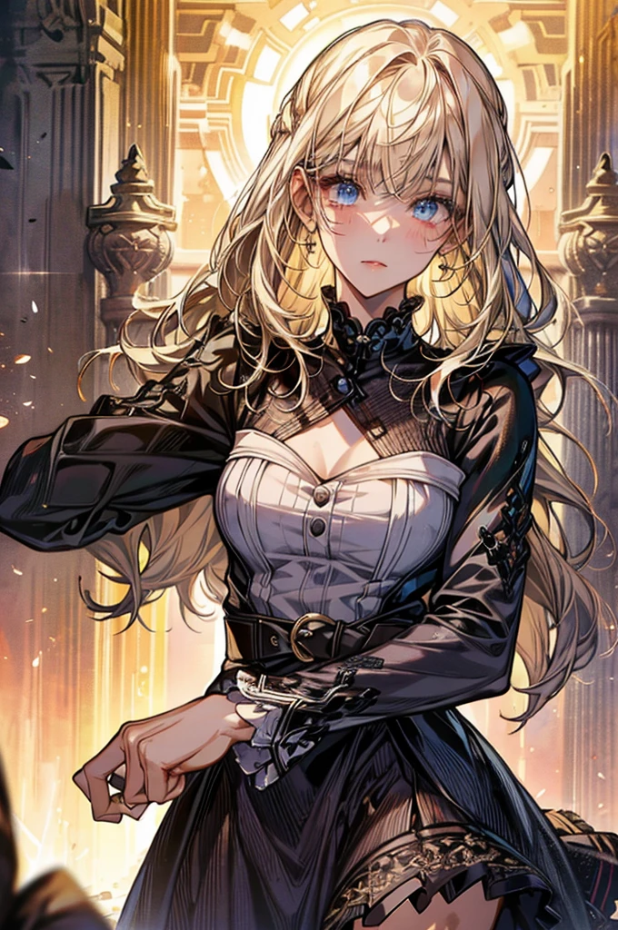 (Official art、Best Quality、Unity 8k Wallpapers、32K、masterpiece、ultra-detailliert、超A high resolution、The best illustrations、Very ridiculous:1.2)、(Cinematic lighting:1.2), 1girl, solo, Autum background, masterpiece, highly detailed, blue eyes, blonde hair, short hair, Rubber Gloss, dress, blush, maid, Detailed beautiful face and eyes、Sharp pupils、Realistic pupils, (Ultra-detailed and complex 3D rendering), (super detailed skin、detailed skin textures:1.3)