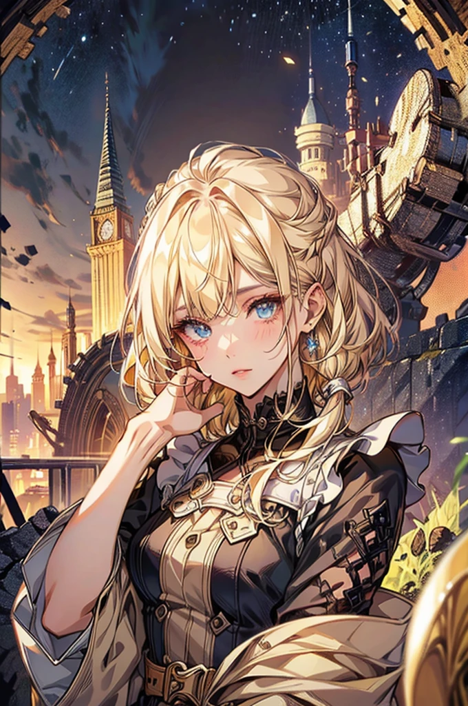 (Official art、Best Quality、Unity 8k Wallpapers、32K、masterpiece、ultra-detailliert、超A high resolution、The best illustrations、Very ridiculous:1.2)、(Cinematic lighting:1.2), 1girl, solo, Autum background, masterpiece, highly detailed, blue eyes, blonde hair, short hair, Rubber Gloss, dress, blush, maid, Detailed beautiful face and eyes、Sharp pupils、Realistic pupils, (Ultra-detailed and complex 3D rendering), (super detailed skin、detailed skin textures:1.3)