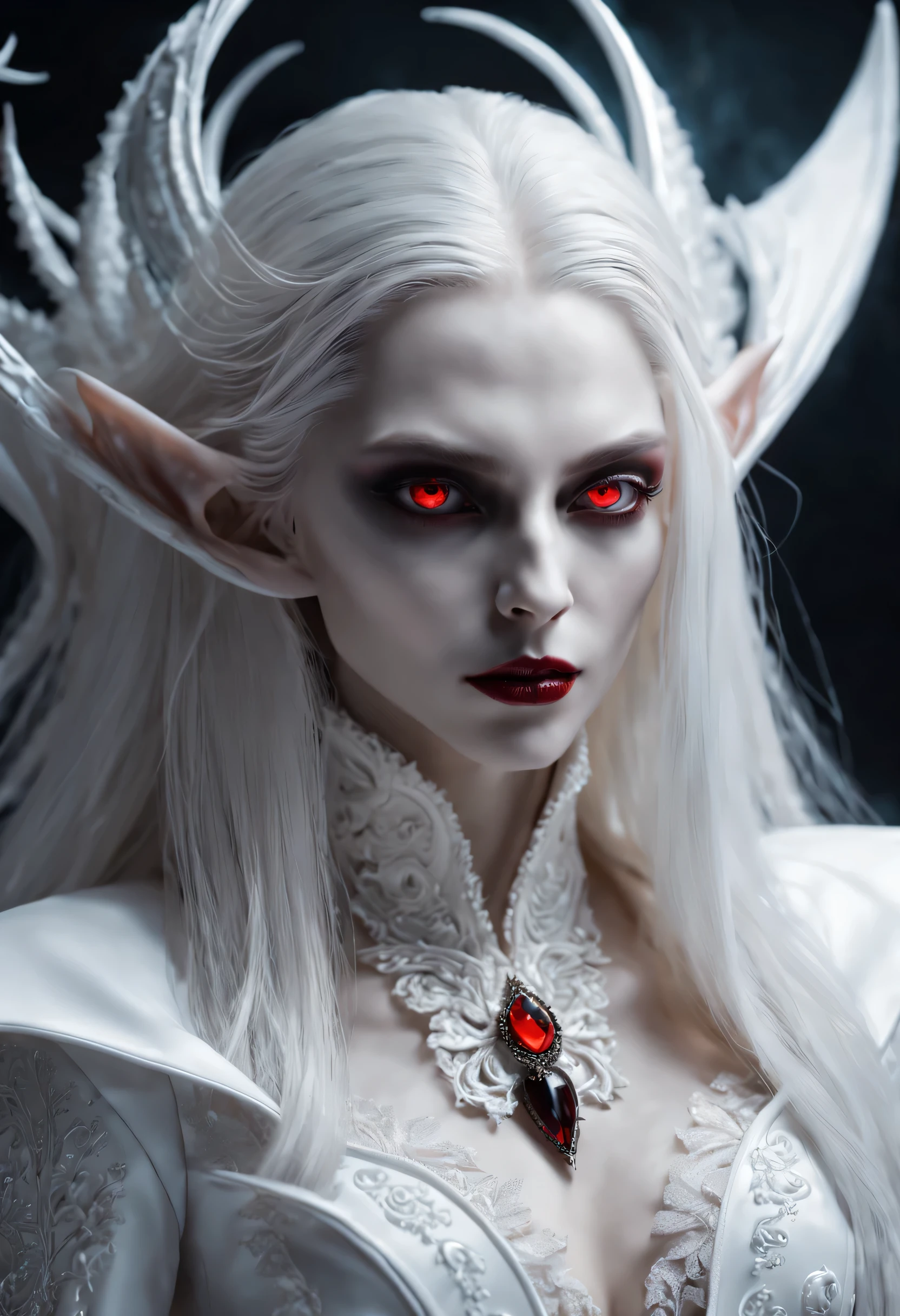 Crazy detailed photos of gorgeous vampire aliens, a true, long white hair, complicated eye roll, like a dream, ethereal, Super detailed的, 32K resolution, dynamic lighting, Cover the navel, Super detailed, intricate details, Popular topics on ArtStation, white luxury suit, Volumetric lighting, BalenciagaStyle