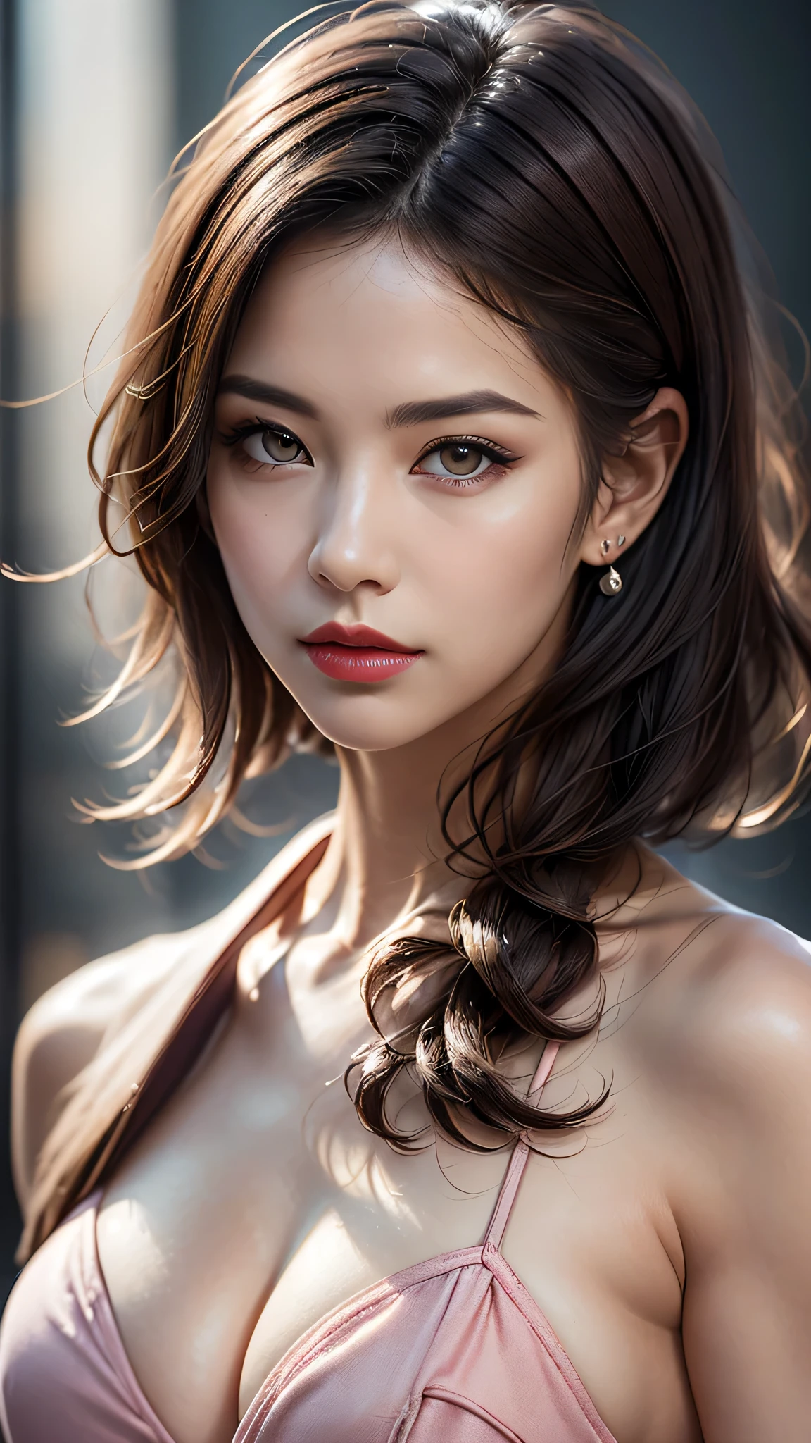 dressed, (photo realistic:1.4), (hyper realistic:1.4), (realistic:1.3), (smoother lighting:1.05), (increase cinematic lighting quality:0.9), 32K, 1girl,20yo girl, realistic lighting, backlighting, light on face, ray trace, (brightening light:1.2), (Increase quality:1.4), (best quality real texture skin:1.4), finely detailed eyes, finely detailed face, finely quality eyes, (tired and sleepy and satisfied:0.0), ((face closeup)), bikini, korean girl, (Increase body line mood:1.1), (Increase skin texture beauty:1.1), (light makeup, [pink lipstick], eyeliner), [Brown eyes], (dark medium (((hair slicked to the two side))), extremely detailed), with a perfect body, super fine face