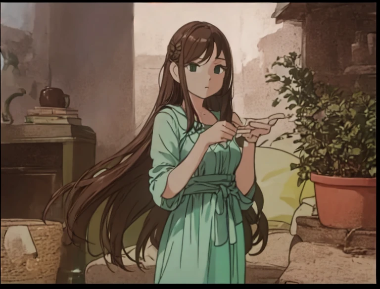 A beautiful woman with long brown hair is standing in a green dress-like outfit。