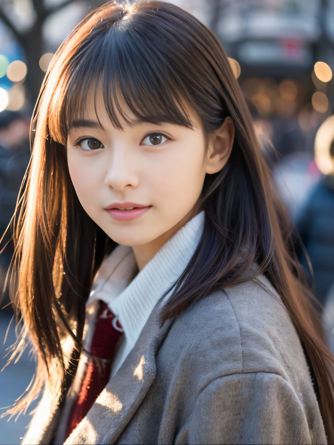photorealistic, 8k full-length portraits, Beautiful woman, A charming expression, Clear system, 20-year-old, Tokyo, winter, Shibuya in the background
