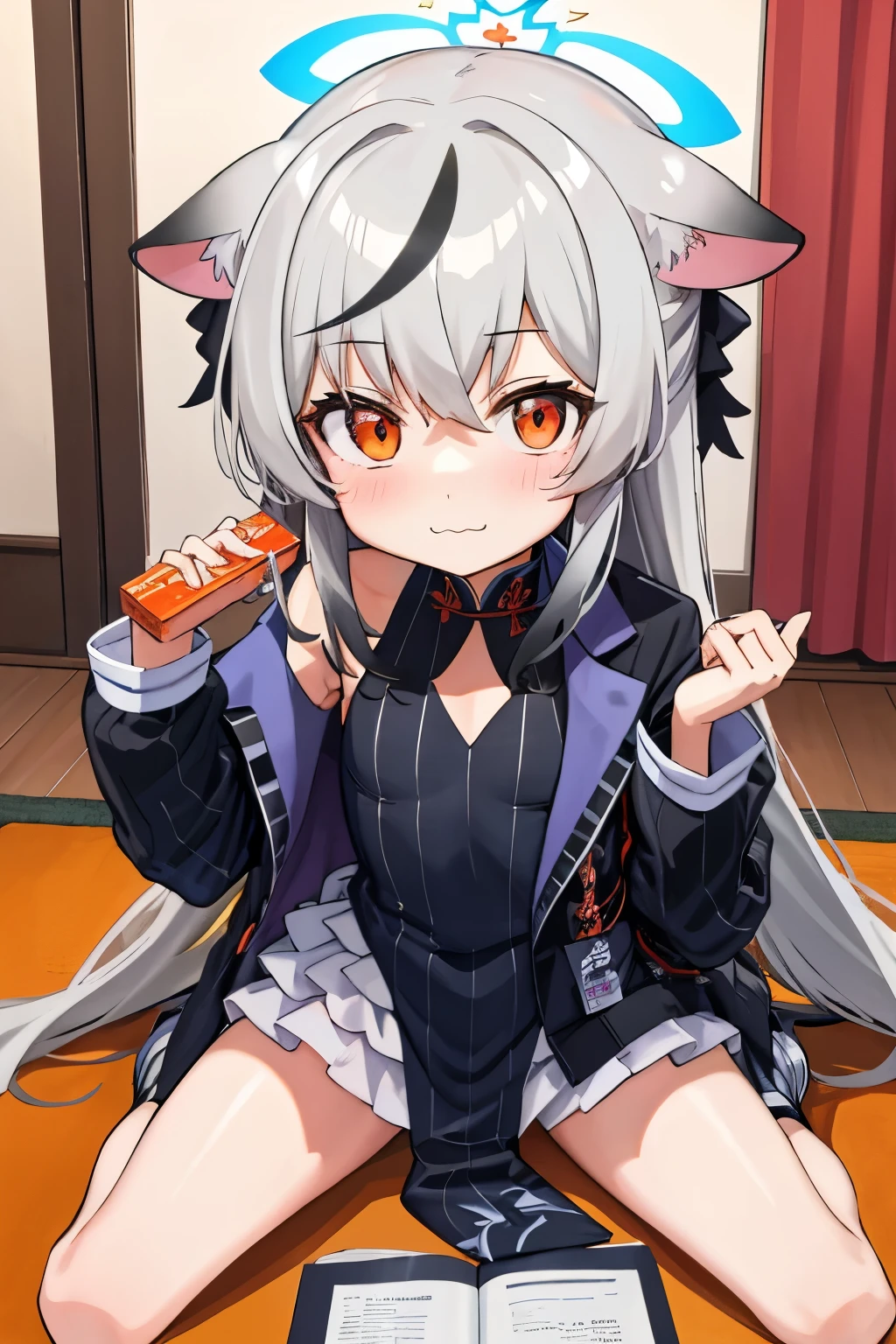 tmasterpiece， best qualtiy， ultra - detailed， 1girll，Gray hair Kokona， inside in room， Orange eye， ：3，the face,  closeup cleavage,  Winter suit, winter wonder