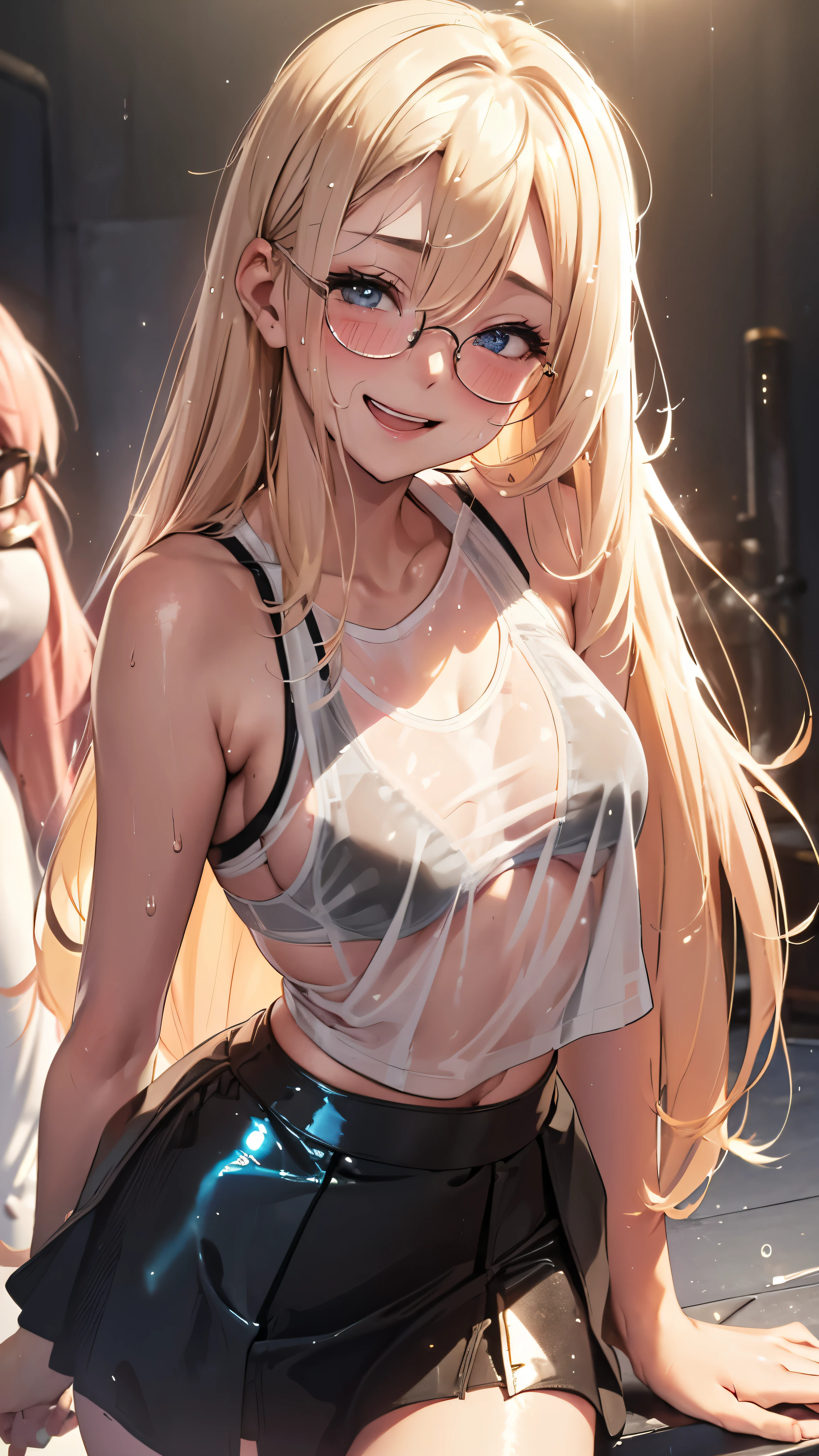 1 female,golden hair,25 years old,(((blue shiny micro tight skirt)))((white tank top))(((blush、open mouth smile)),(((straight hair))),(((portrait))),crowd,,(wet with sweat)(sexy black bra and see-through tank top)(Glasses)(((small breasts)))