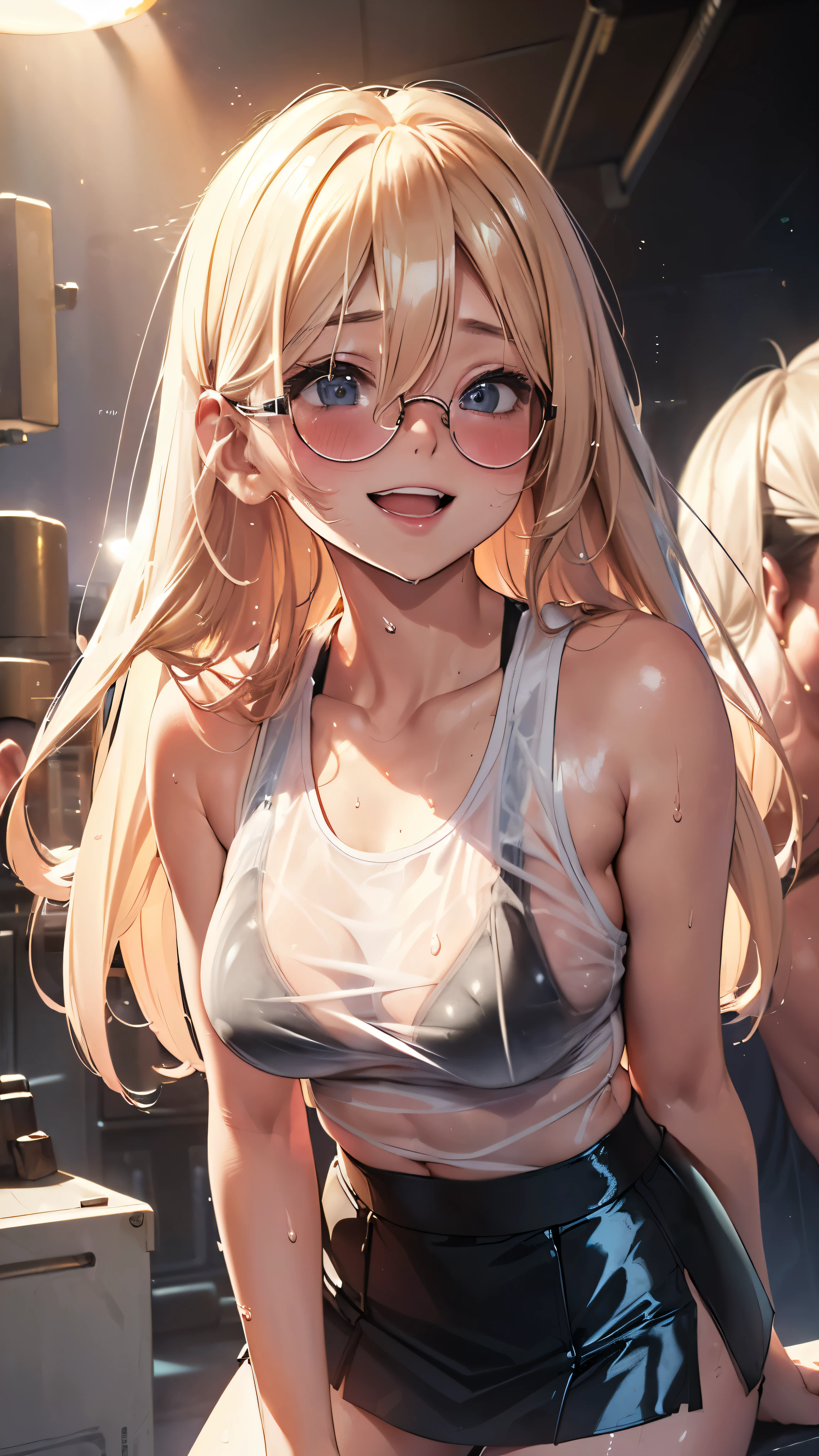 1 female,golden hair,25 years old,(((blue shiny micro tight skirt)))((white tank top))(((blush、open mouth smile)),(((straight hair))),(((portrait))),crowd,,(wet with sweat)(sexy black bra and see-through tank top)(Glasses)(((small breasts)))