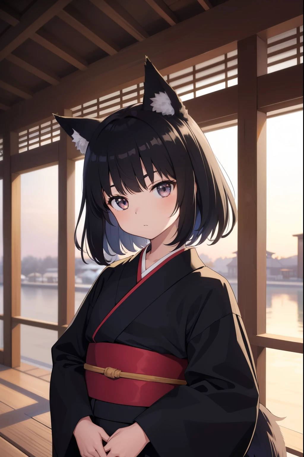 animal ear fluff, animal ears, fox ears, fox girl, キツネのtail, short-haired black color,, tail, kimono, ((:1.2)), ((primary schofant:1.3)), small breasts, cold eyes,On the porch of the Japanese-style room,
looking at the viewer,
highest quality, High resolution, unity 8k wallpaper, (illustration:0.8), perfect lighting, (perfect hands, perfect anatomy),Upper body portrait