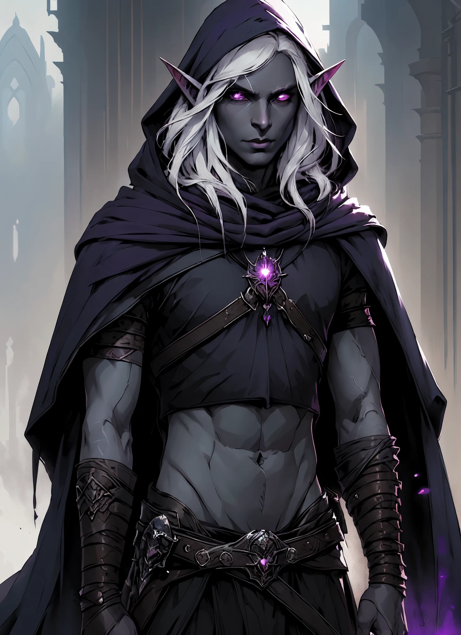 drow, male, pointy ears, solo, elf,tight sleeveless shirt, hood, colored skin, midriff, looking at viewer, long hair, cloak, dark elf, shoulder length white hair, cape, hooded cloak, belt, pouch, red eyes, grey skin, red eyes, upper body,glowing eyes, magenta lips, ((masterpiece, best quality)), art by greg rutkowski, trending on artstation