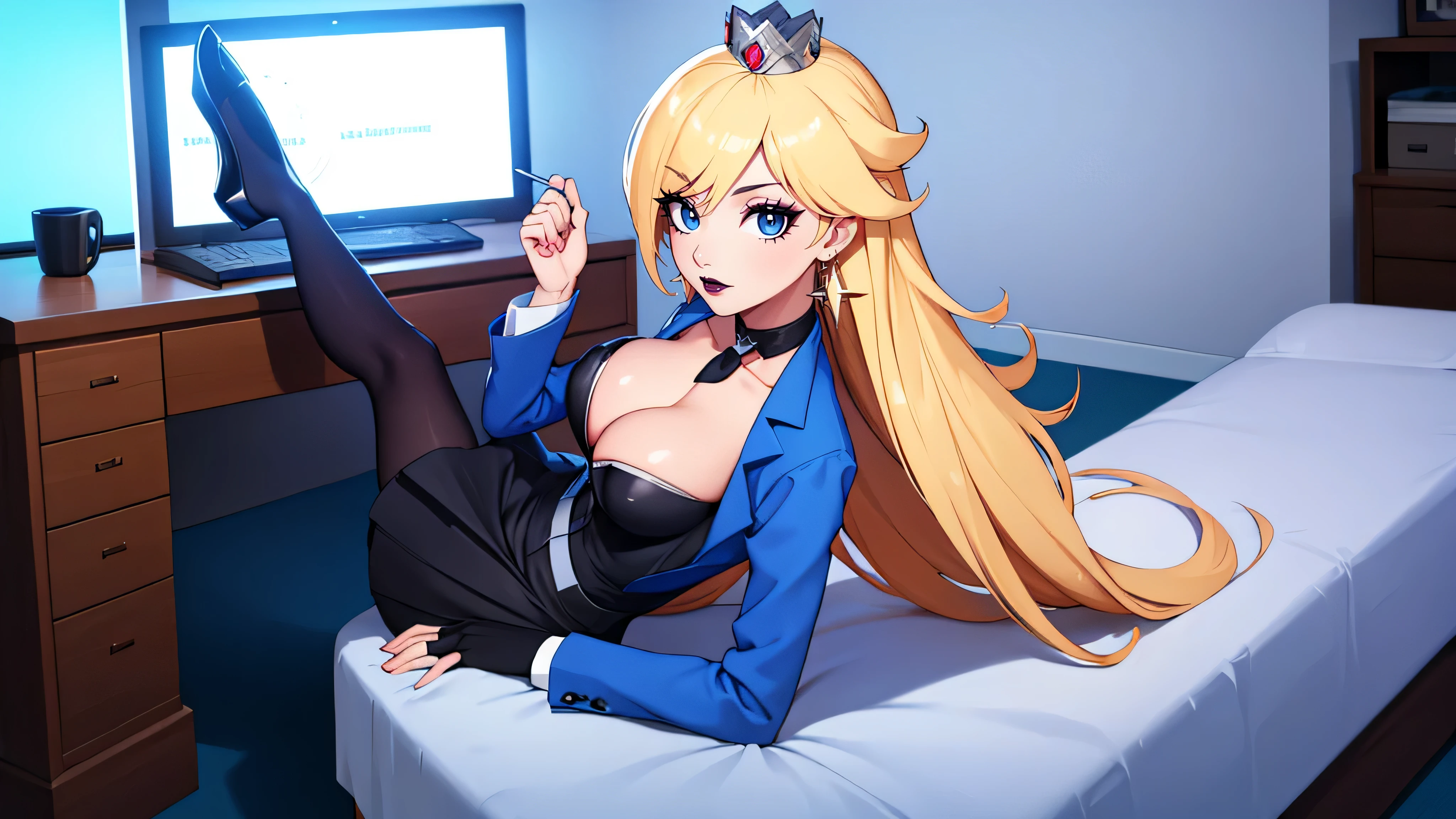 ((high detailed, best quality, 4k, masterpiece, hd:1.3)), landscape, (in office), indoors, business office, Office workers working in the office, many people are busy working, window, moonlight, brown desk, chair, computer, ceiling light, (panoramic shot), a full-length shot of Rosalina lying on desk, BREAK neon blue eyes, seductive, attractive, sexy smile, smiling, smooth anime cg art, 36C breasts, long legs, vivid colors, detailed digital art, slim body, perfect skin, blonde hair, long hair, BREAK crown, cleavage, 36C cleavage, looking at viewer, BREAK looking at viewer, extremely detailed face, navy_blue_necktie, blue_pencil_skirt, blue jacket, black shirt, full body, (blue high heels), earrings, gem, dark black makeup lips, dark gothic eyeshadows, dark eyeshadows, black eyeshadows, black sexy lips, black lips, (dark:1.2), dark lips, very dark lips, (perfect hands, perfect anatomy), black makeup, detailed fingers, five fingers per hand, 5 fingers, (1 girl), detailed lips, detailed black lips, black painted lips, gothic painted lips, BREAK night, (breast focus), (breasts out:1.3),