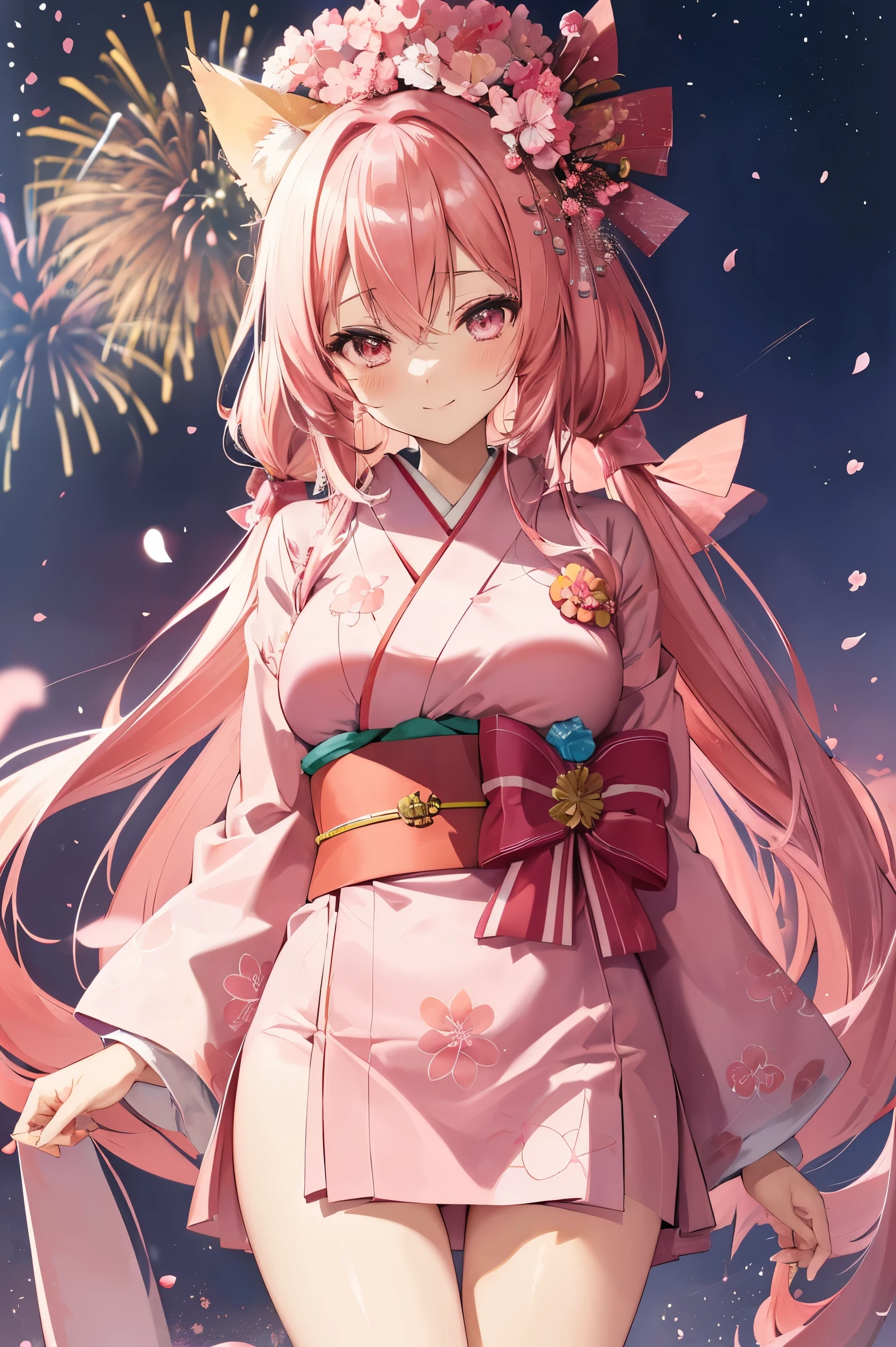 "anime girl, 1 person, pink hair, pink cat ears, pink eyes, kimono, cherry pink kimono, cherry blossom petal pattern on shirt, long stockings, big breasts, festival, New Year's Eve fireworks, watching fireworks, night, smiled shyly,solo, looking from different directions, standing cross-legged. (full HD 4K+ image)"