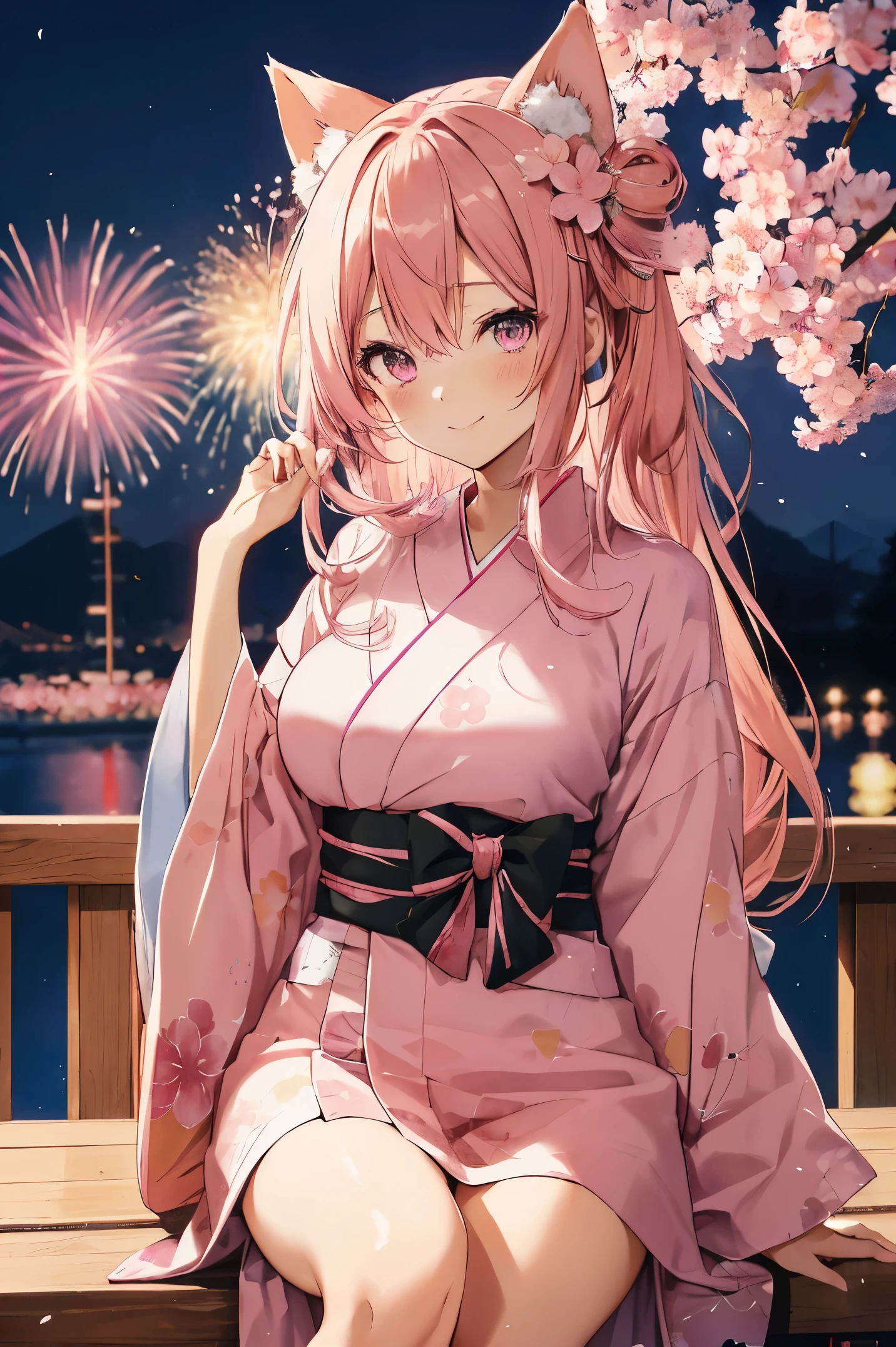 "anime girl, 1 person, pink hair, pink cat ears, pink eyes, kimono, cherry pink kimono, cherry blossom petal pattern on shirt, long stockings, big breasts, festival, New Year's Eve fireworks, watching  fireworks, night, smiled shyly,solo, looking from different directions, standing cross-legged. (full HD 4K+ image)"