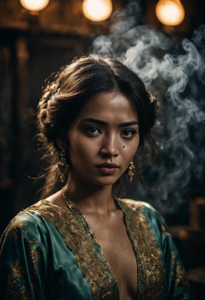 portrait of Malay woman in year 1975 (traditional attire), cinematic realism, high action full body pose, badass, busy, insanely detailed location, littered, chaos, cinematic portrait photography, Kodachrome, perfect pupils, insanely detailed faces, intricately detailed disco location, film grain, HD, 8k, volumetric lighting, chiaroscuro, sfumato, (skin textures), cinematic portrait photograph, dimly lit, cool colors, hair backlighting, ear backlighting, volumetric lighting, Kodachrome, 8K, film grain, perfect eyes, perfect pupils, expressive eyes, hands by Albrecht Durer, smoke, particle fx, mist, fog