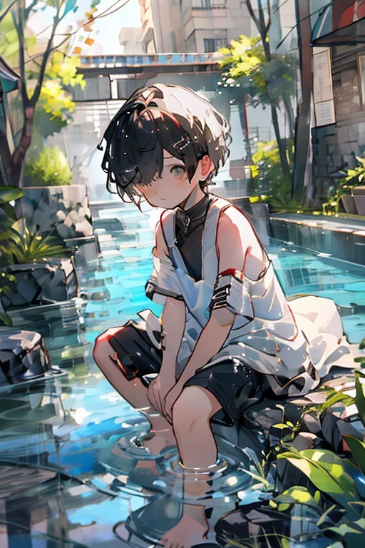 a boy is sitting in the water, wet hair、Collected wet clothes in the southeast.、bare shoulders、colorless hair, short hair, with brown eyes, Clear lake, Hairpin,  reflected light, 8K, super detail, high details, high details, best quality