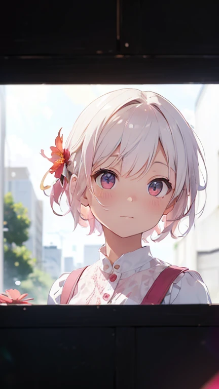 (blurry background:1.3), (white background:1.3), (extremely detailed fine touch:1.3), (hard light, studio light, light rays, dappled light, reflection, shadows, ray tracing:1.0), (rough sketch:1.3), ///, kawaii girl, (white short hair:1.3), night, star, milky way, horizon, sky, clouds, rainbow, stars, (milky way:1.3), wind, city, upper body, tower, red flower, (pink cloud:1.3), (red flower:1.3)