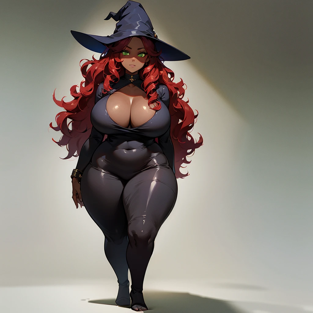 (((Dark Skin Woman))),(((Wearing witch clothes and accessories))),(((Red wavy hair))),(((Lime green eyes))),(((Curvy body))),(((Alone)))