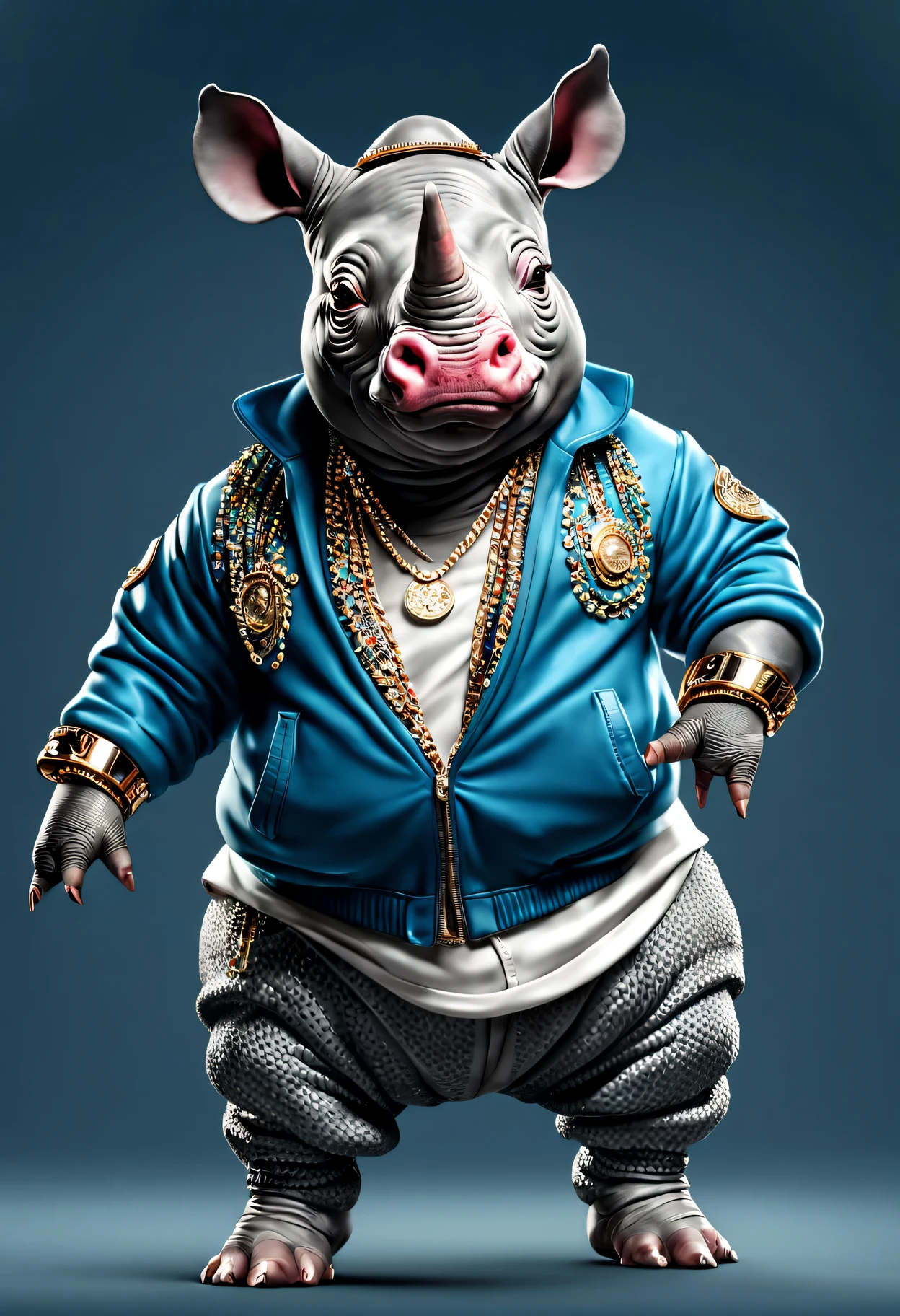photorealistic portrait of Dressed animals - a fat baby rhino hip hop dancer,(hip hop dancing dynamic action pose), high quality,(lovely) ,intricate details, highly detailed ((hip hop fashion)) ,highly detailed decorations, wearing sunglasses, (happy), studio lighting,(full body image:1.5)