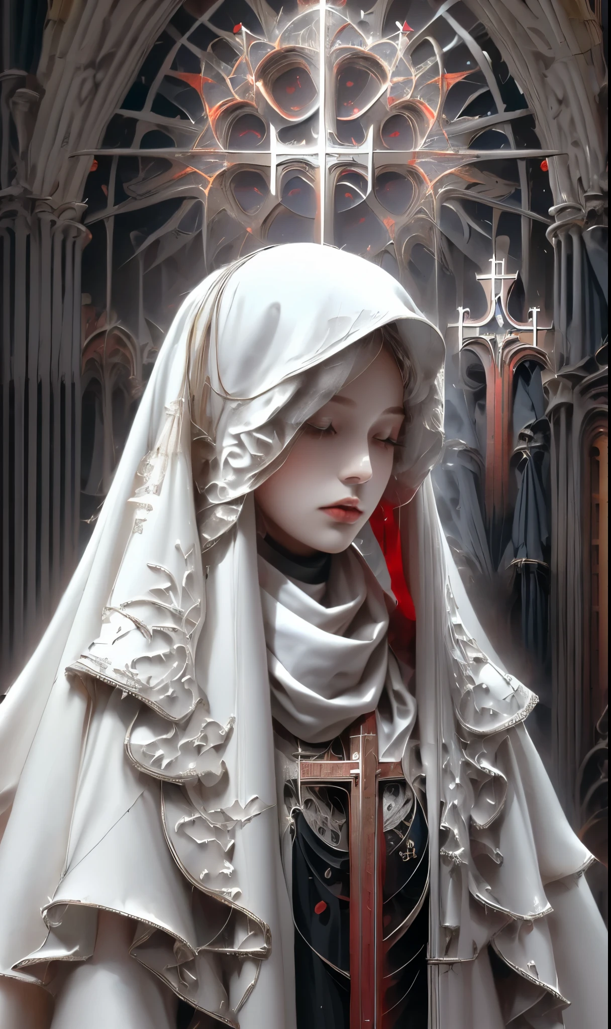 Shadrach Jaroselev&#39;s《goddess》, gothic futuristic style, dark white and light red, Super detailed illustrations, ultra high definition images, Gorgeous costume details, intricate clothing, (cathedral:1.6)(beautiful clear background:1.4),
(Transparent eye mask:1.1),  (scarf:1.3),
 