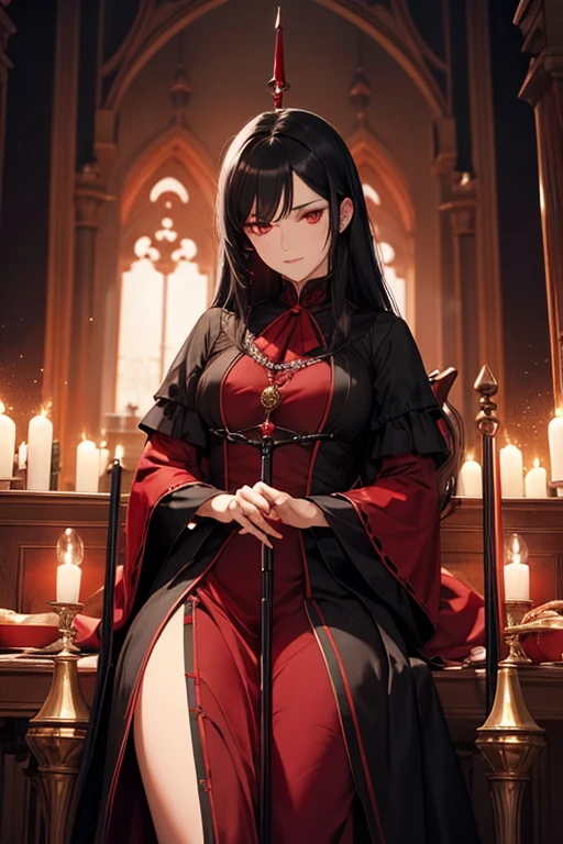 black haired mature woman, red eyes, adult, modest, victorian period, long staff, crimson magic around her